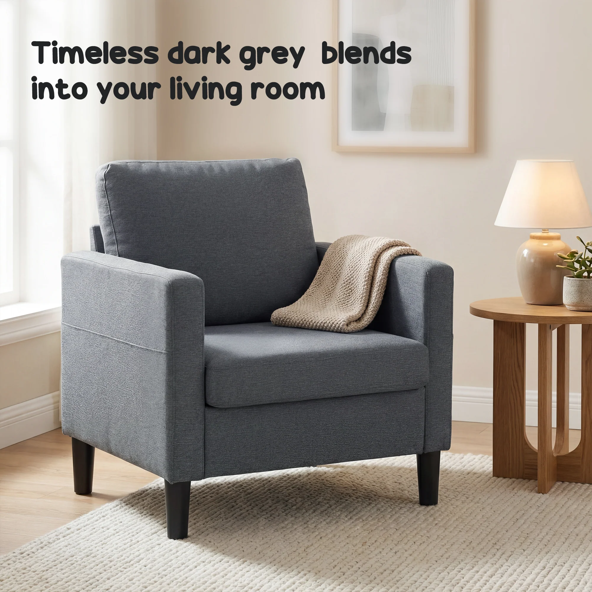 Linen-Feel Fabric Accent Chair, Modern Armchair, Living Room Chair with Armrests and Thick Padded Seat, Upholstered Single Sofa for Living Room, Bedroom, Study, Dark Grey - Image 8