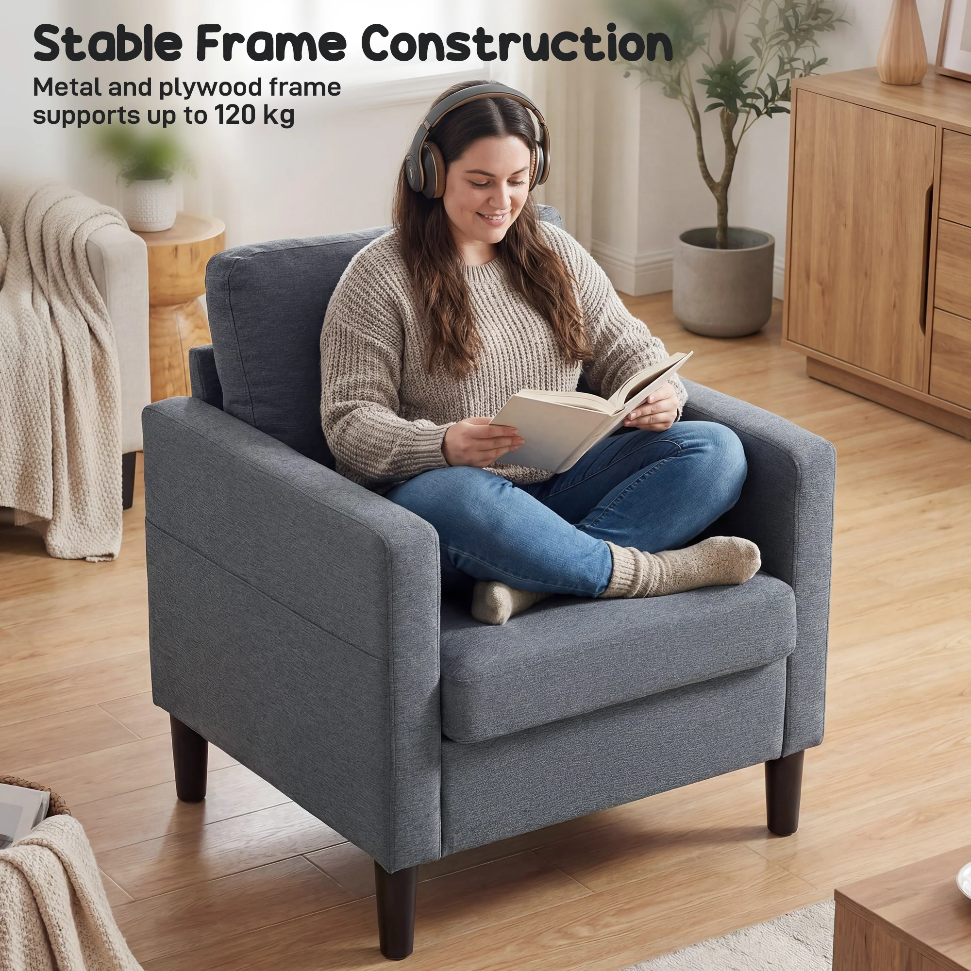 Linen-Feel Fabric Accent Chair, Modern Armchair, Living Room Chair with Armrests and Thick Padded Seat, Upholstered Single Sofa for Living Room, Bedroom, Study, Dark Grey - Image 9