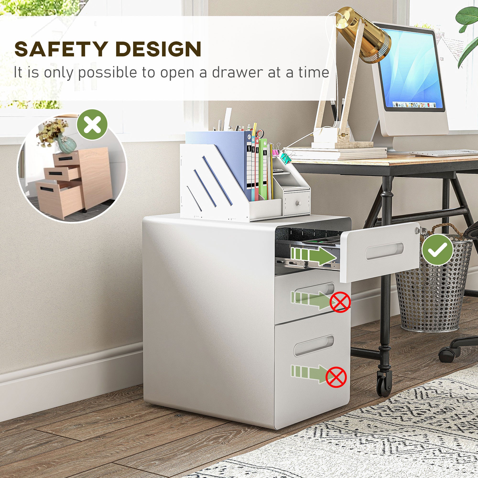 3-Drawer Anti-tilt Design Mobile File Cabinet w/ Lock, Pre-Assembled Body, White - Image 10