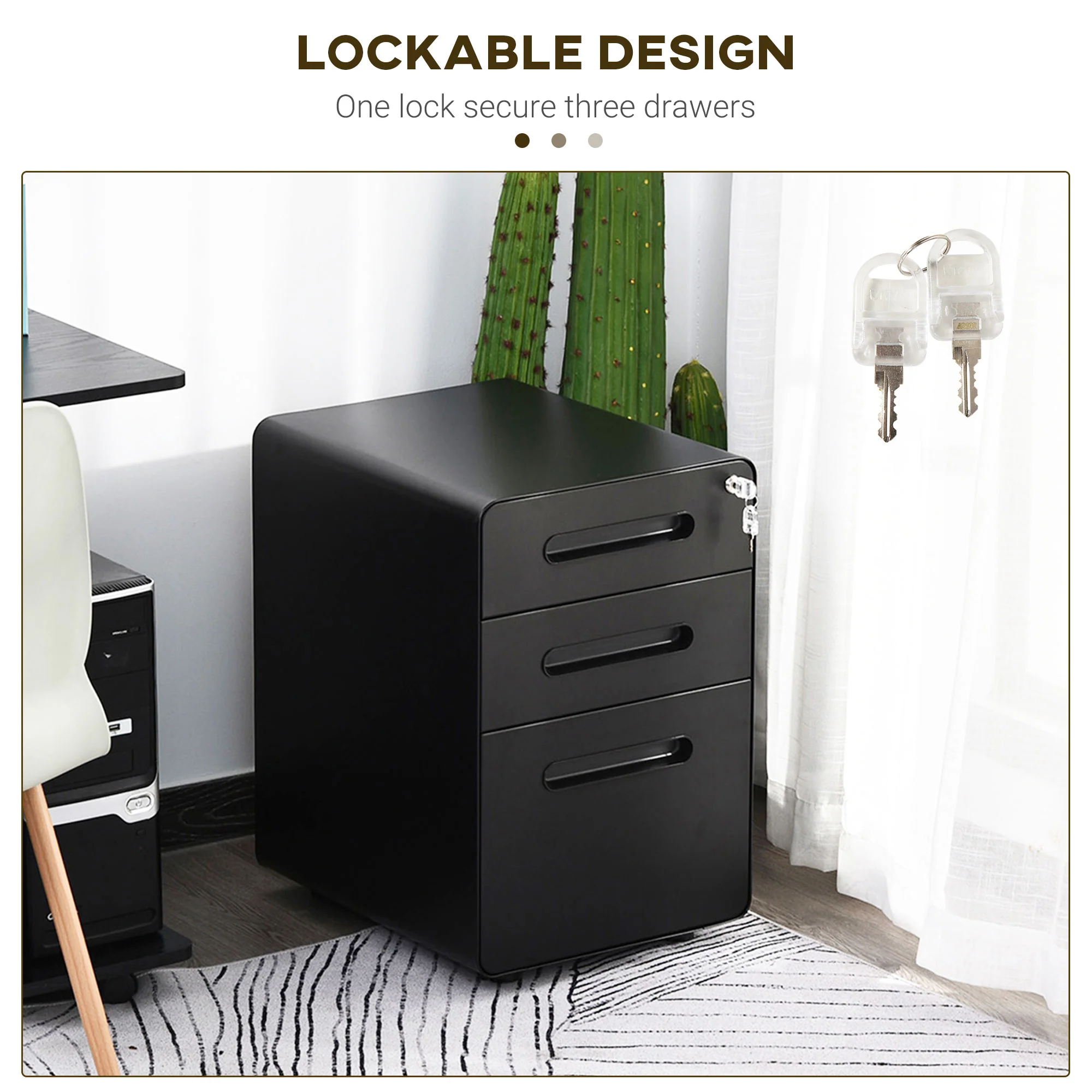 3-Drawer Anti-tilt Design Mobile File Cabinet w/ Lock, Pre-Assembled Body, Black - Image 6