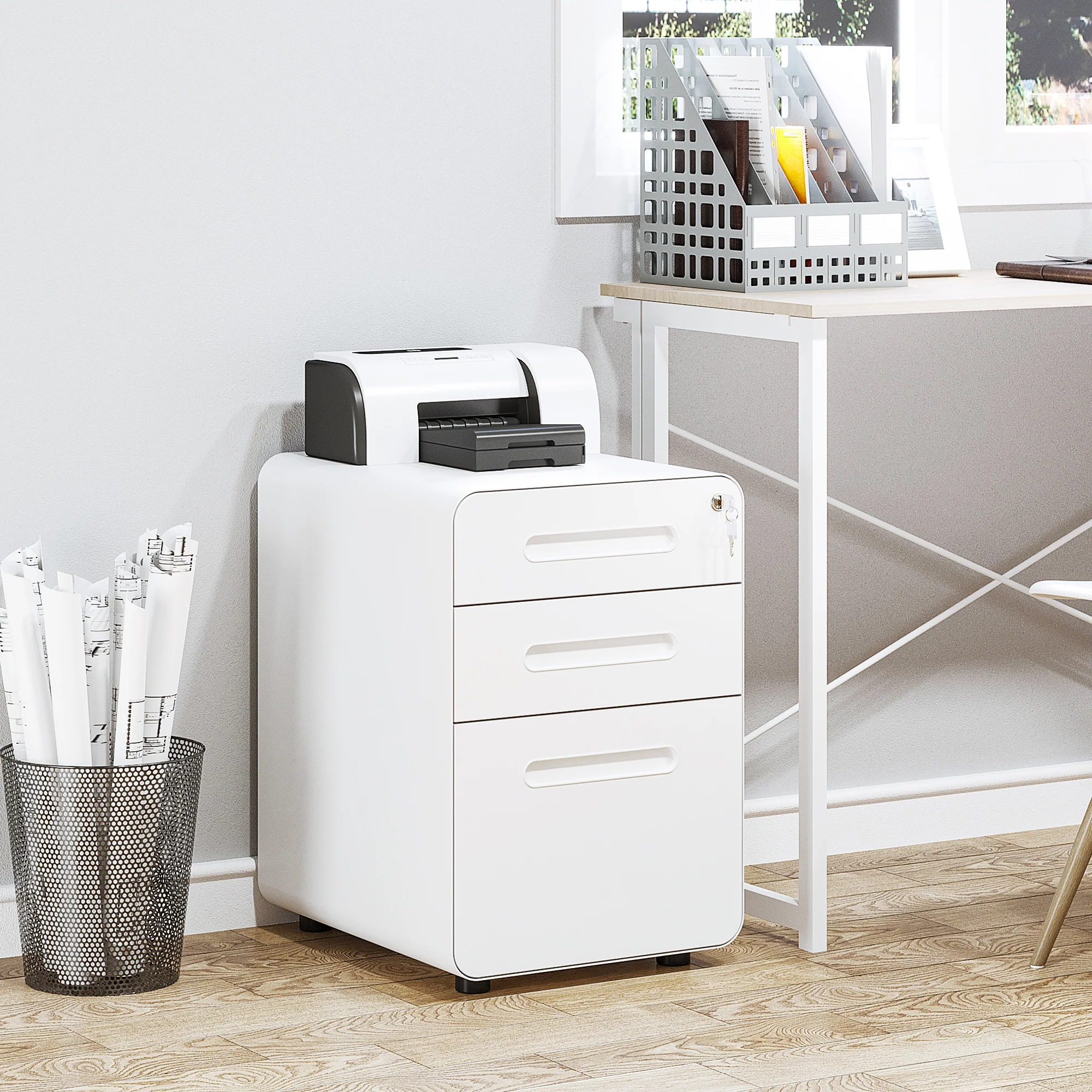 3-Drawer Anti-tilt Design Mobile File Cabinet w/ Lock, Pre-Assembled Body, White - Image 3