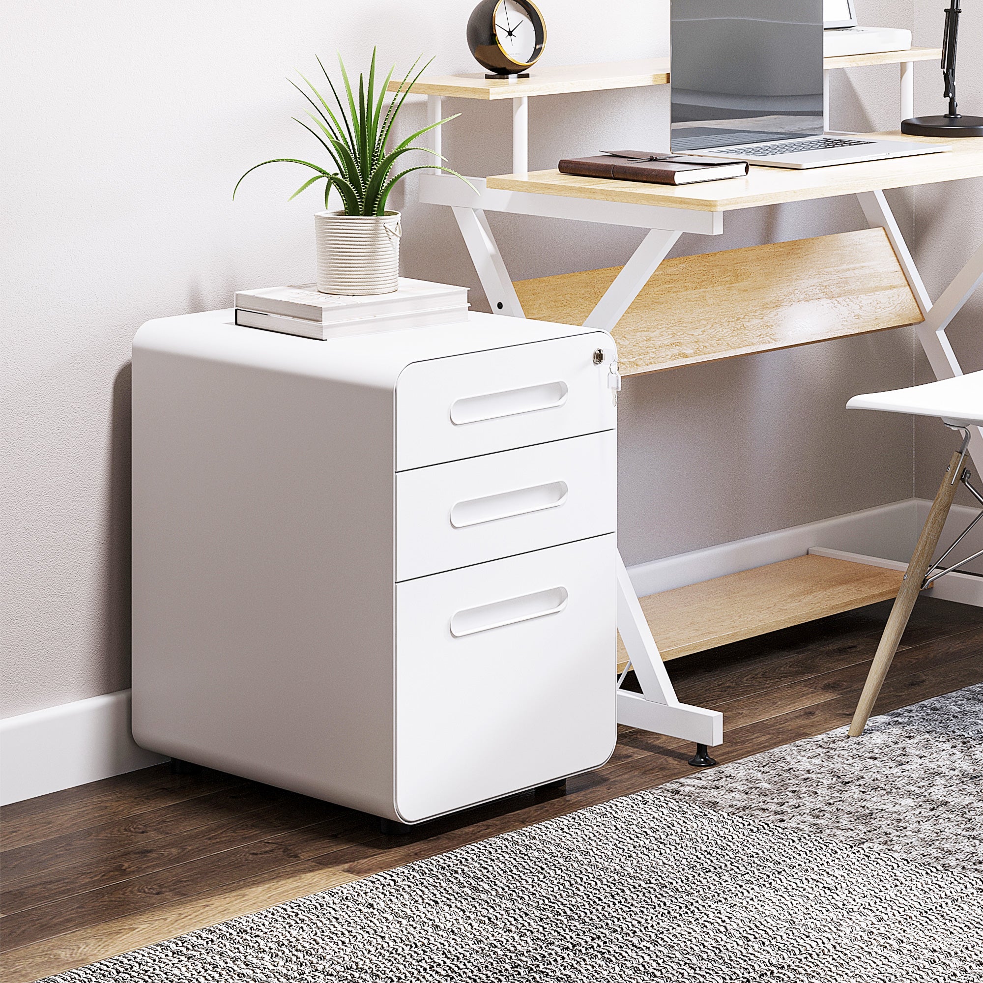 3-Drawer Anti-tilt Design Mobile File Cabinet w/ Lock, Pre-Assembled Body, White - Image 4