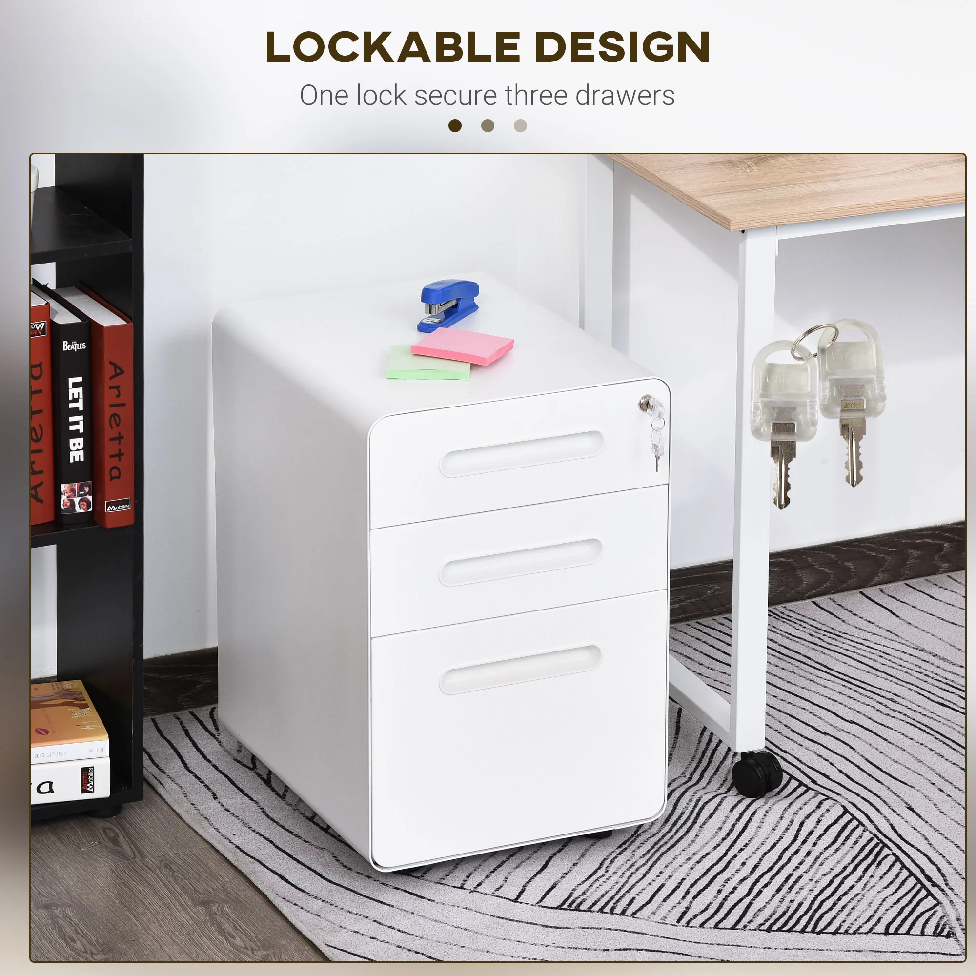 3-Drawer Anti-tilt Design Mobile File Cabinet w/ Lock, Pre-Assembled Body, White - Image 6