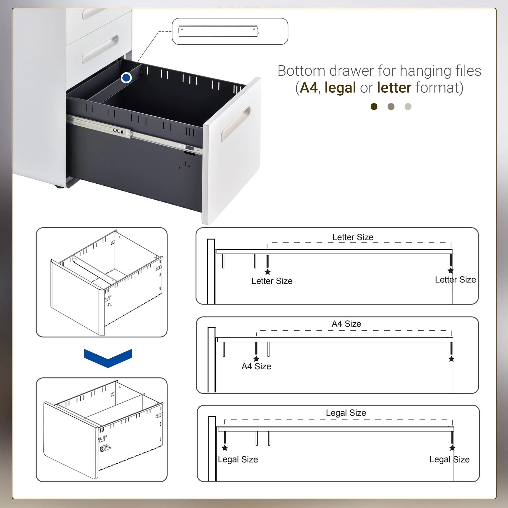 3-Drawer Anti-tilt Design Mobile File Cabinet w/ Lock, Pre-Assembled Body, White - Image 8