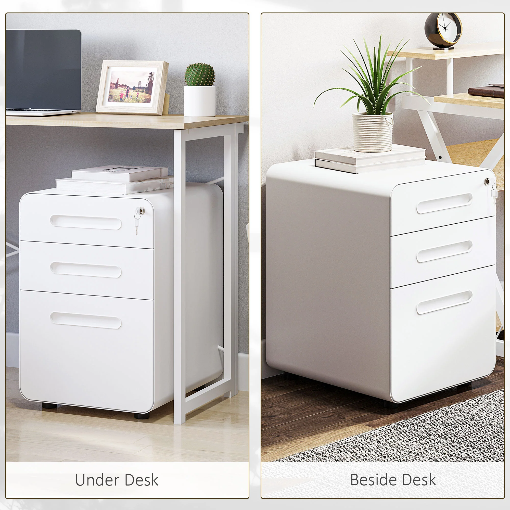 3-Drawer Anti-tilt Design Mobile File Cabinet w/ Lock, Pre-Assembled Body, White - Image 9