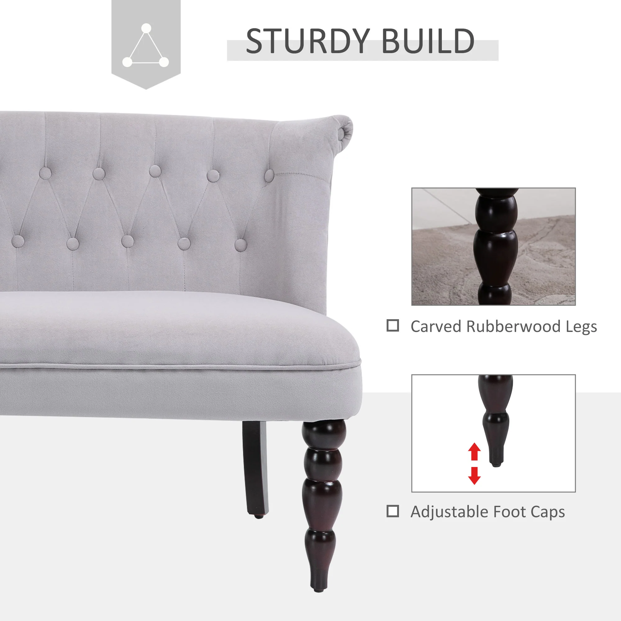 Vintage Design Loveseat, Button Tufted Lounge Chair with Carved Leg & Wood Frame, Grey - Image 8