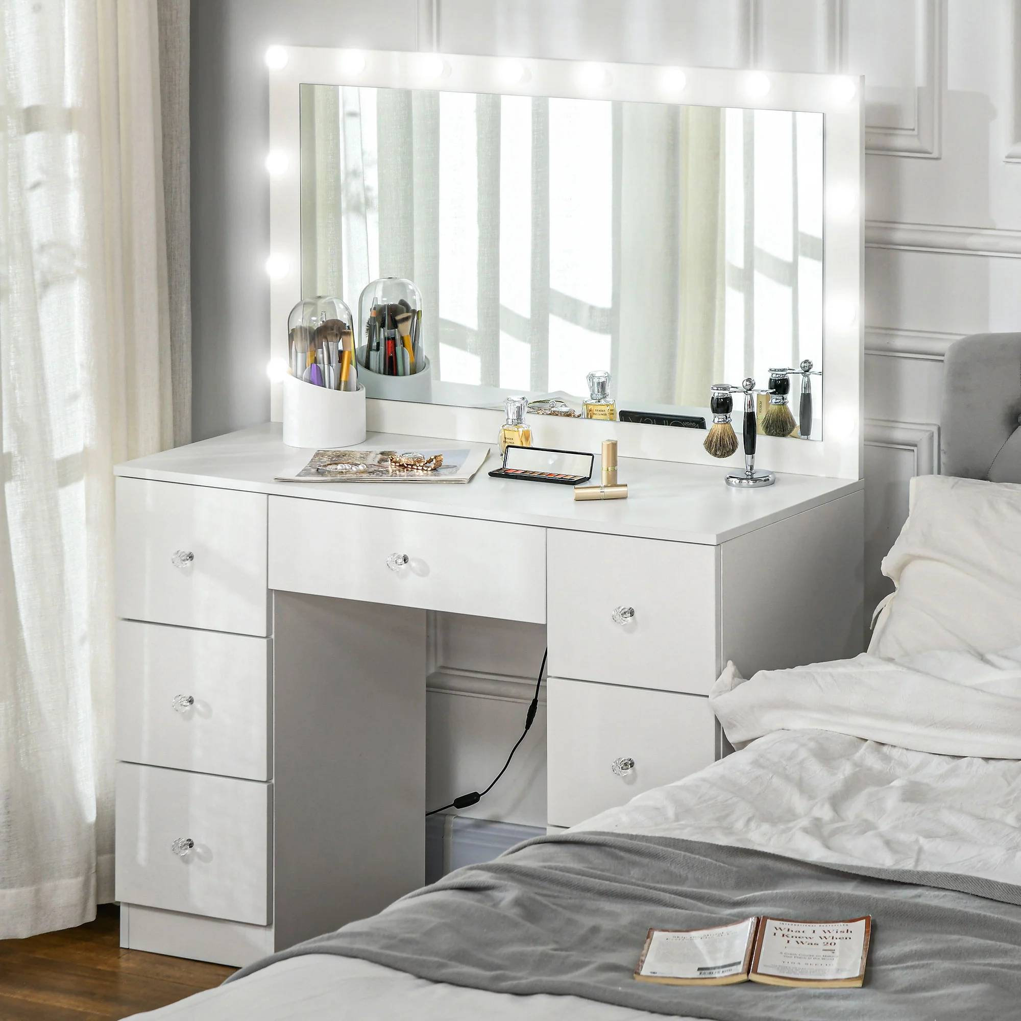 Vanity Table with Mirror, Makeup Vanity Desk with 7 Drawers & 10 LED Lights, White - Image 4