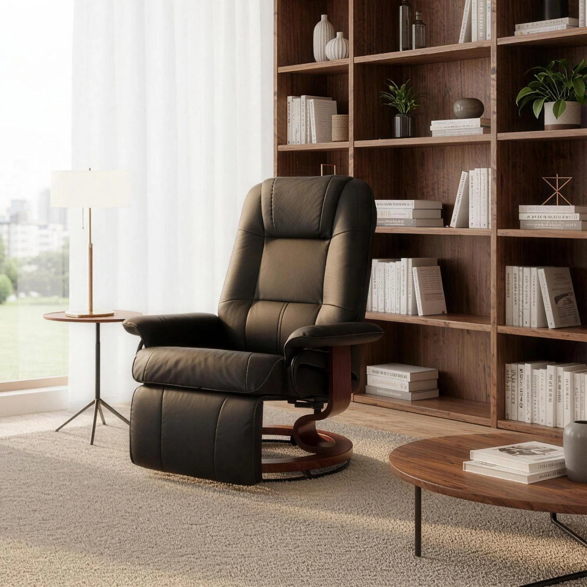 EaseRest Manual Recliner Chair with Faux Leather Upholstered & Wooden Base, Black - Image 3