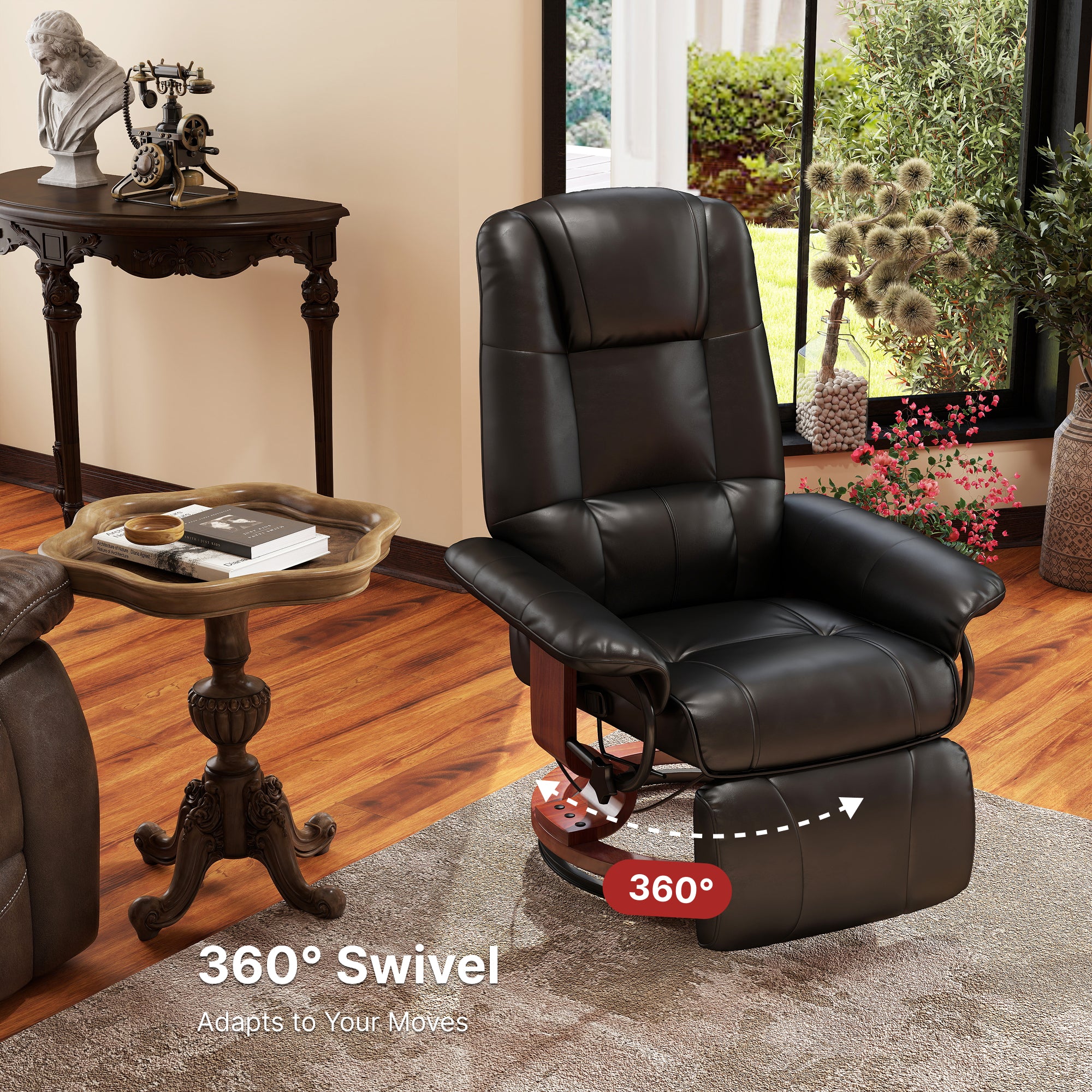 EaseRest Manual Recliner Chair with Faux Leather Upholstered & Wooden Base, Black - Image 5