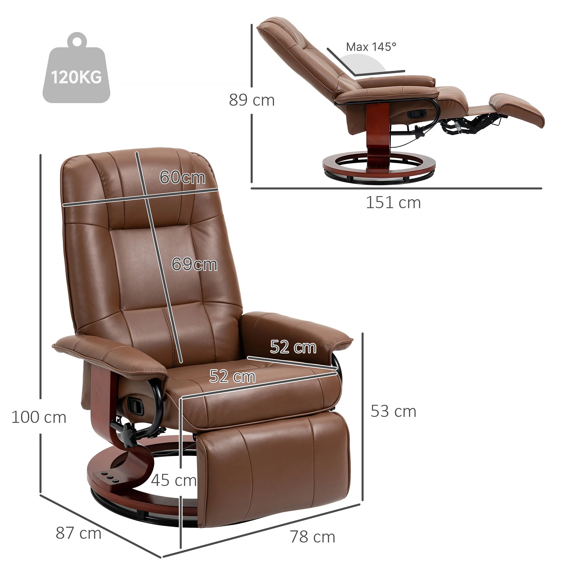 EaseRest Manual Recliner Chair with Faux Leather Upholstered & Wooden Base, Brown - Image 4