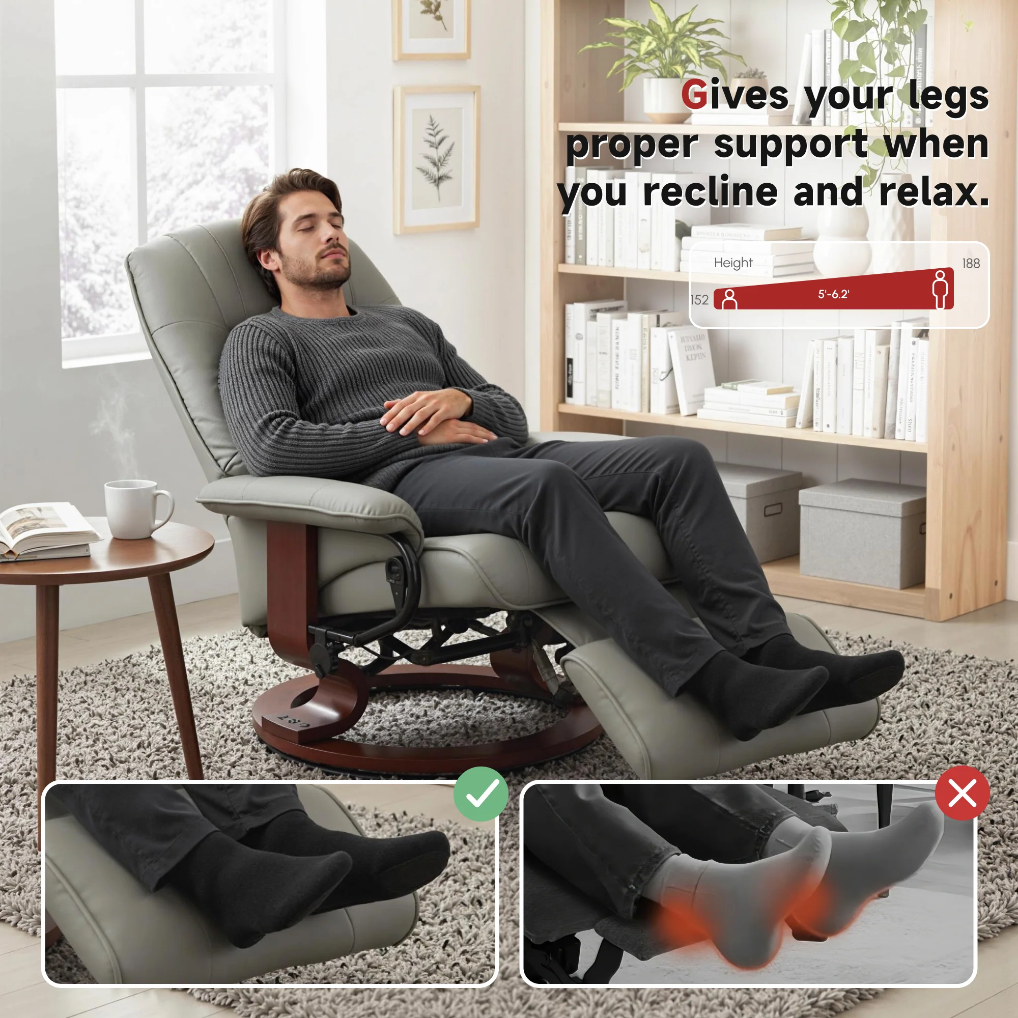 EaseRest Manual Recliner Chair with Faux Leather Upholstered & Wooden Base, Grey - Image 7