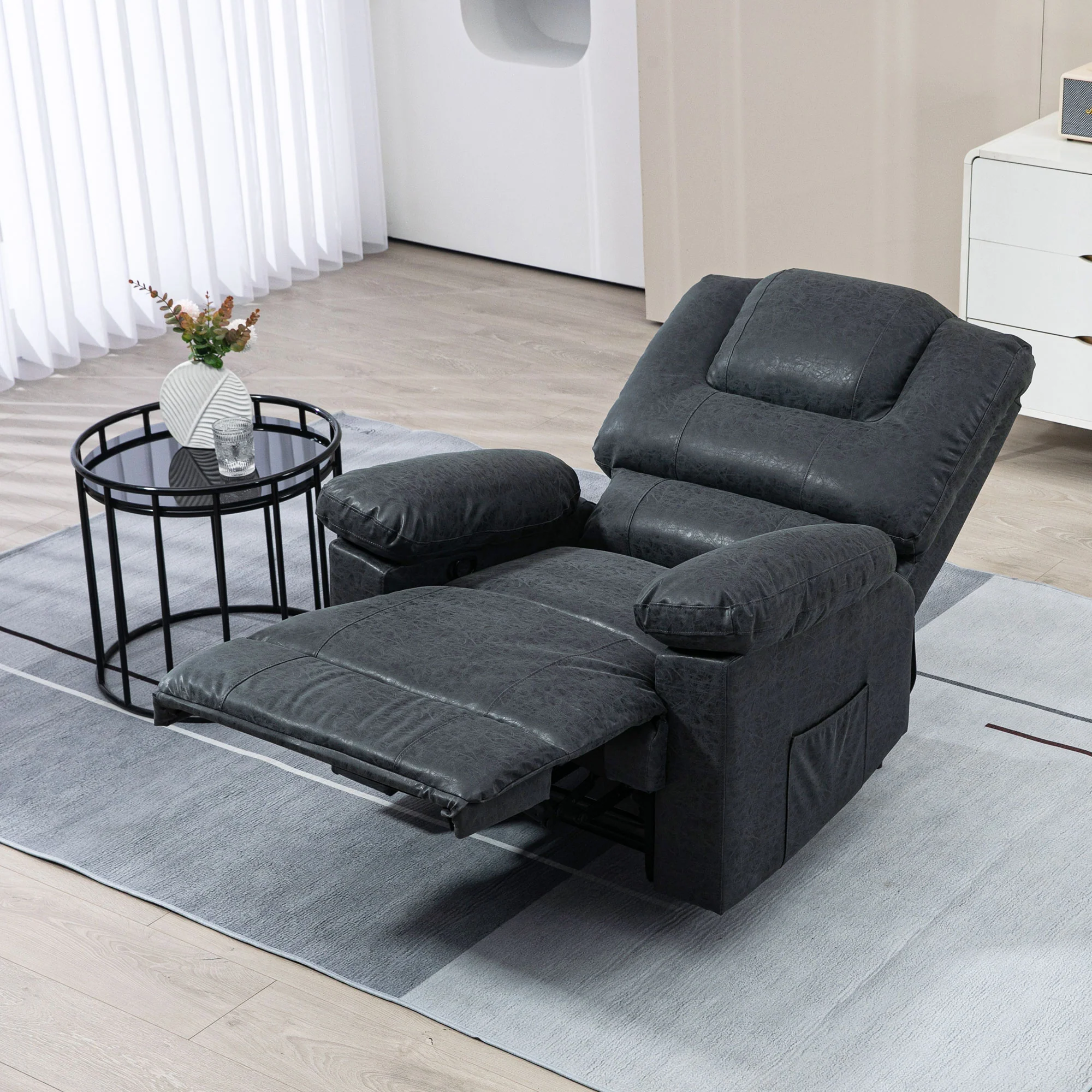 PU Leather Recliner Chair with Footrest Side Pockets Thick Padding, Black - Image 10