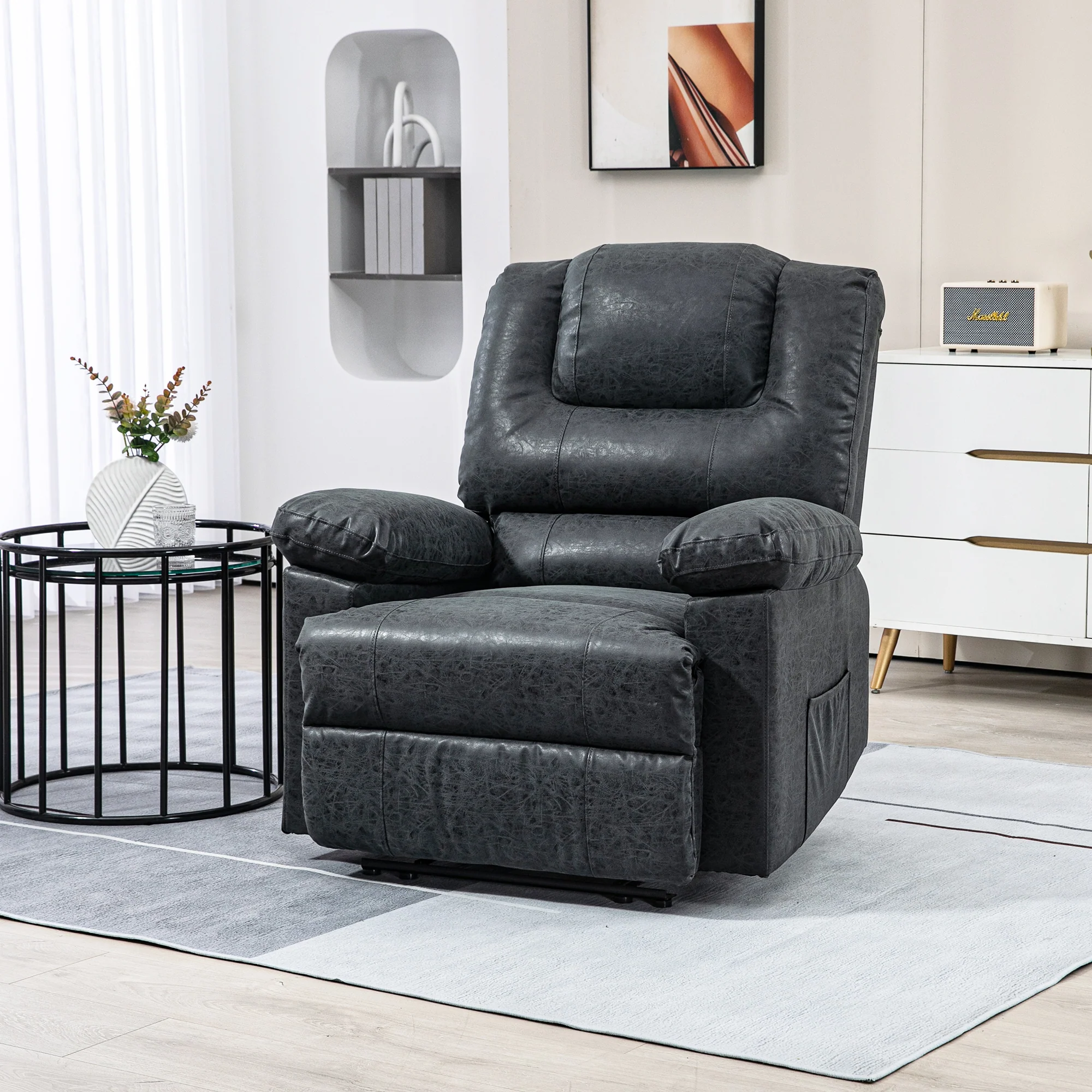 PU Leather Recliner Chair with Footrest Side Pockets Thick Padding, Black - Image 3