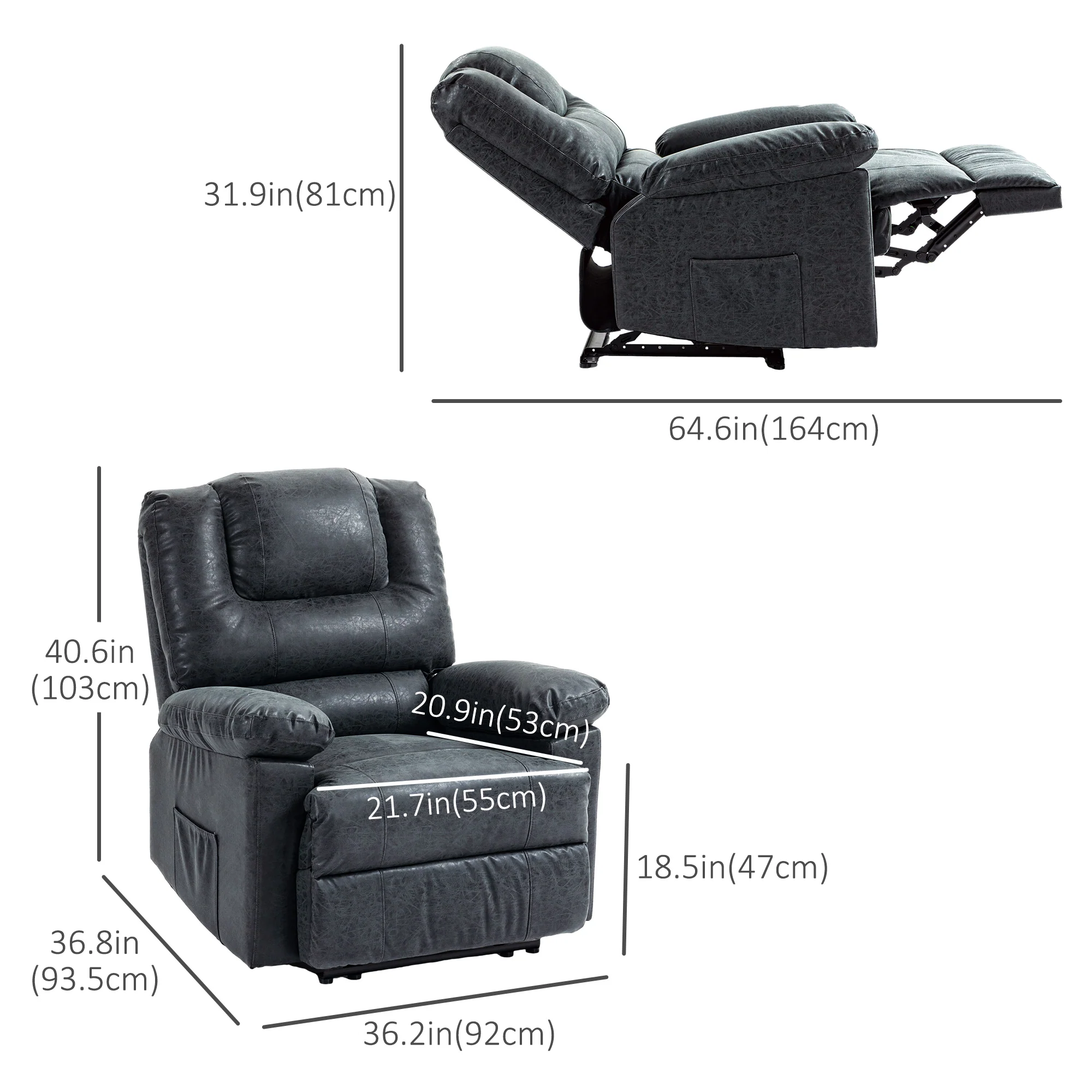 PU Leather Recliner Chair with Footrest Side Pockets Thick Padding, Black - Image 5