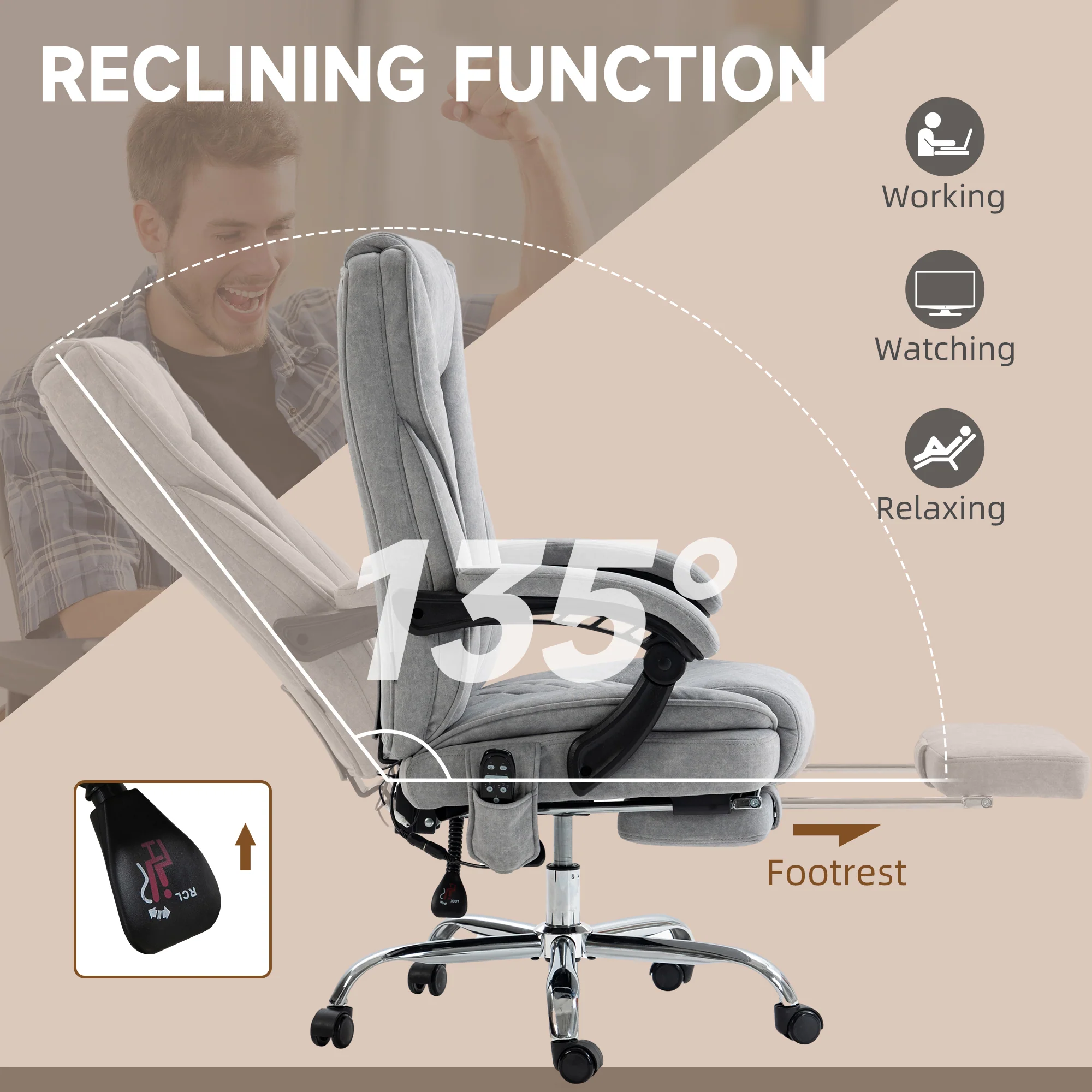 6-Point Massage Office Chair, Reclining Gaming Chair with Footrest & Tilt Function, Brown - Image 8
