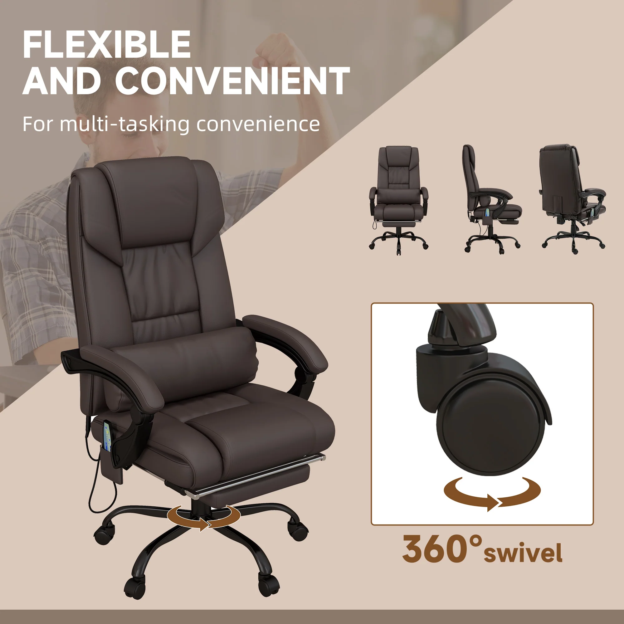 Massage Office Chair with 6 Vibration Points, Faux Leather Executive Office Chair, Brown - Image 9
