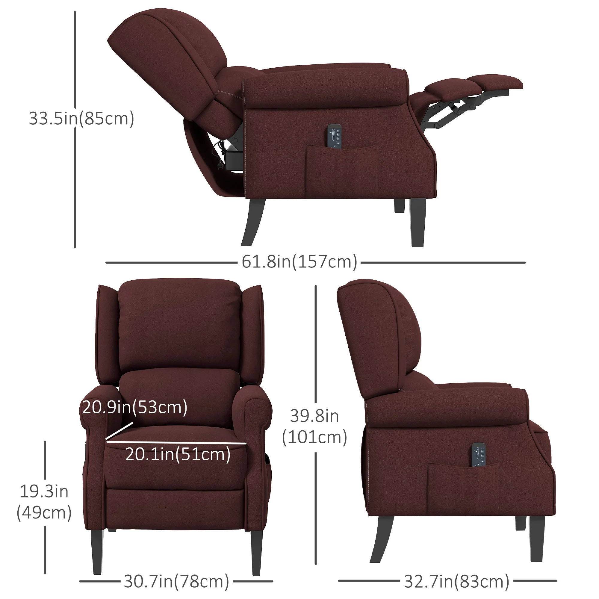 Wingback Massage Recliner with Remote Control and Extendable Footrest Brown - Image 5