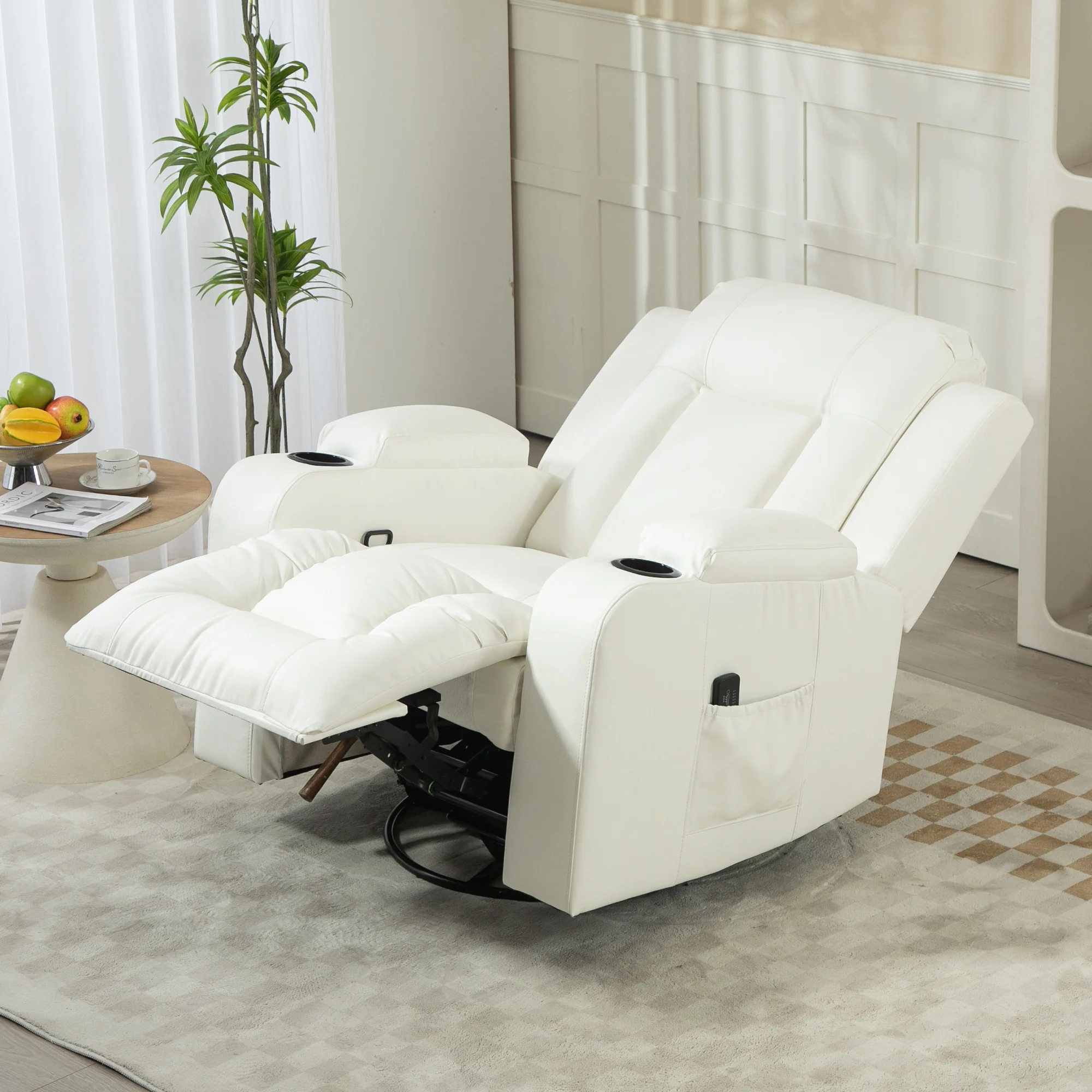 Overstuffed PU Leather Massage Swivel Recliner with Cup Holders Cream White - Image 11