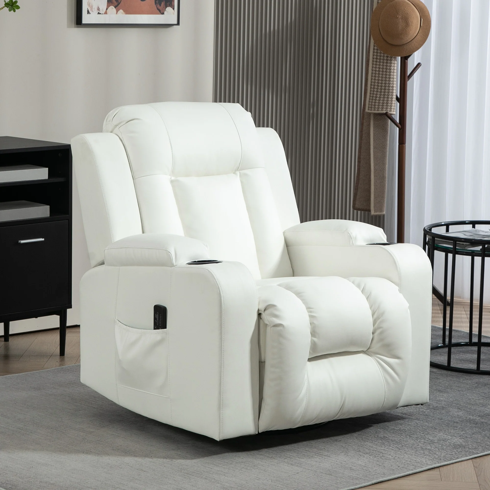 Overstuffed PU Leather Massage Swivel Recliner with Cup Holders Cream White - Image 3