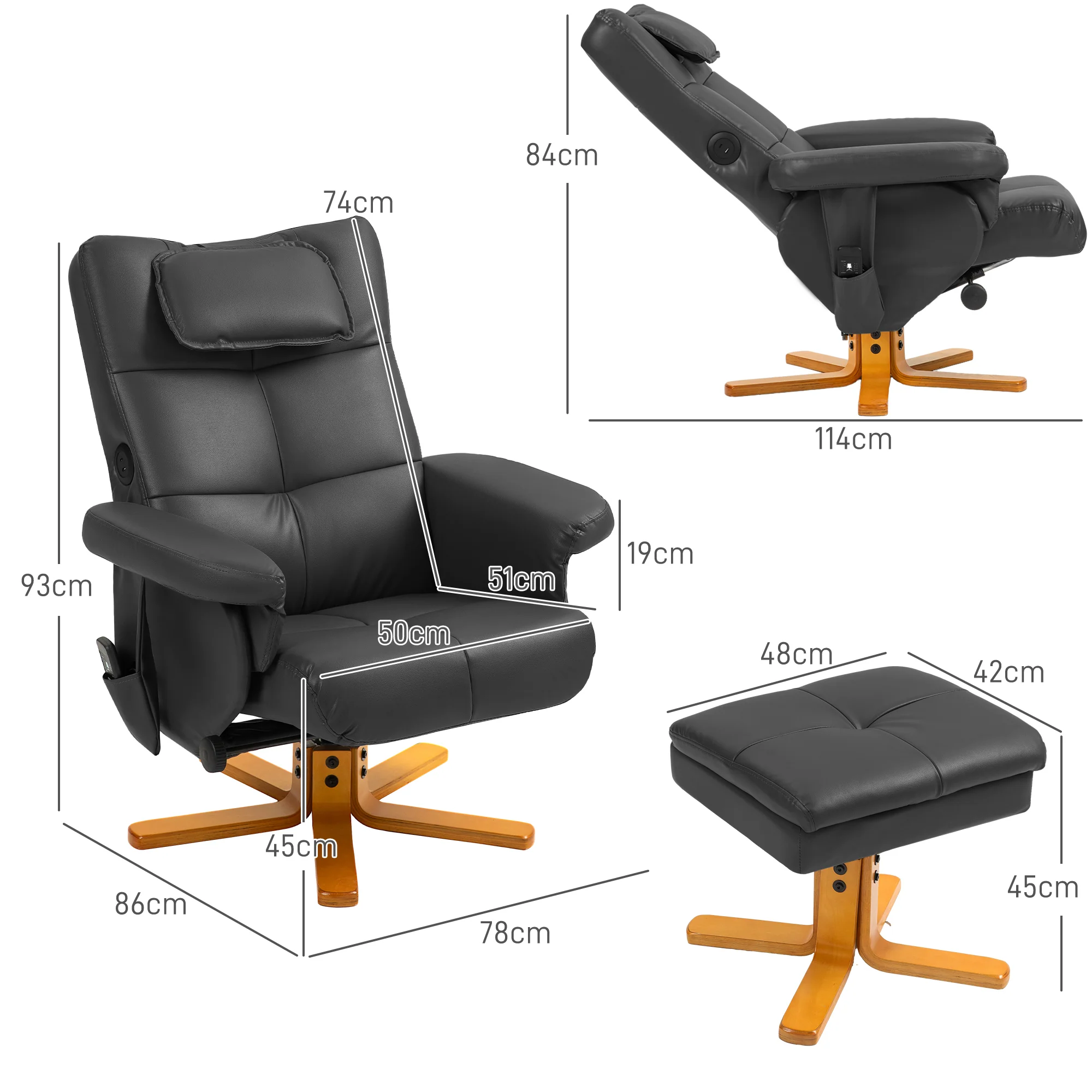 Massage Recliner Chair, PU Leather Armchair with Adjustable Backrest, Footrest, Black - Image 5