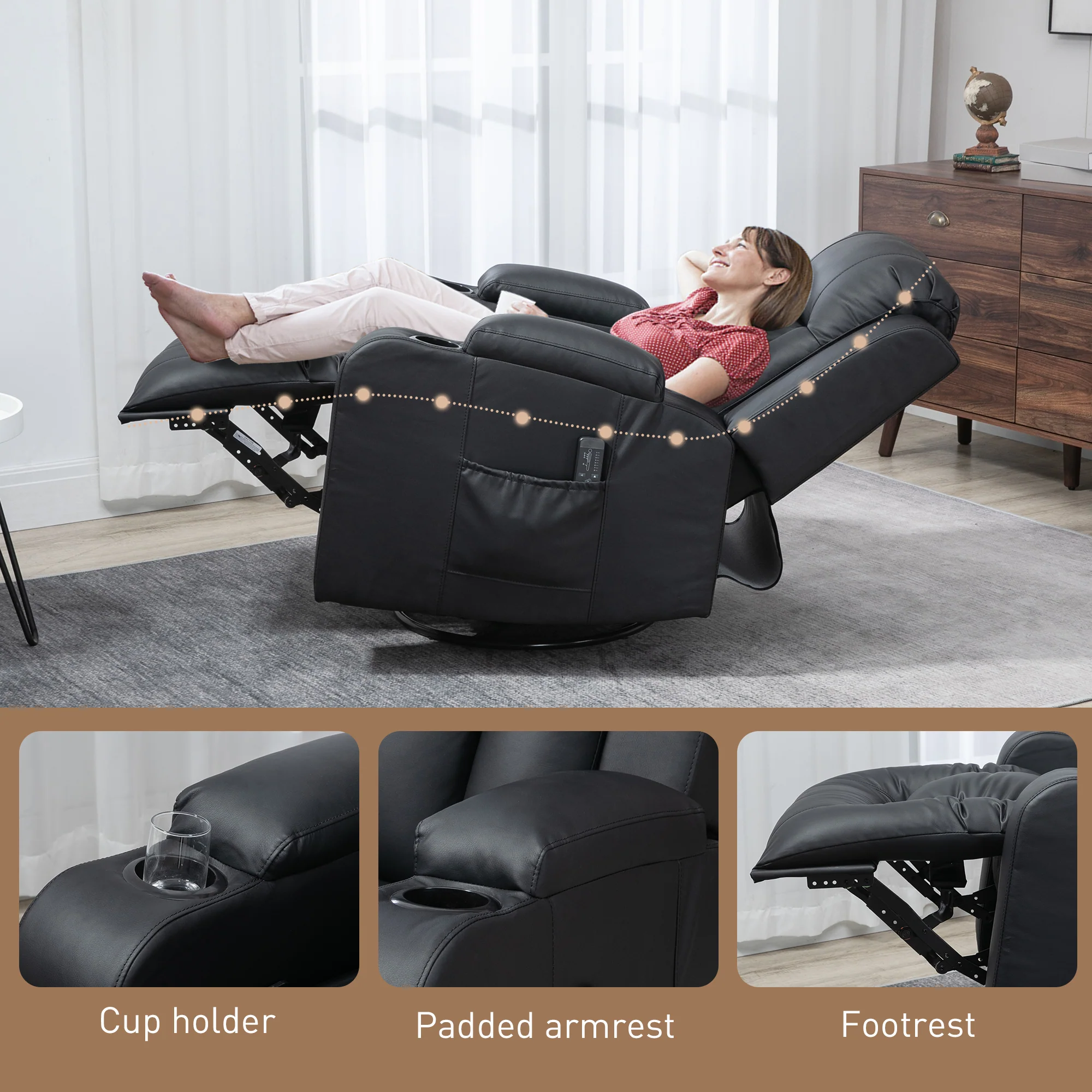 Overstuffed PU Leather Massage Swivel Recliner with Cup Holders Black - Image 10