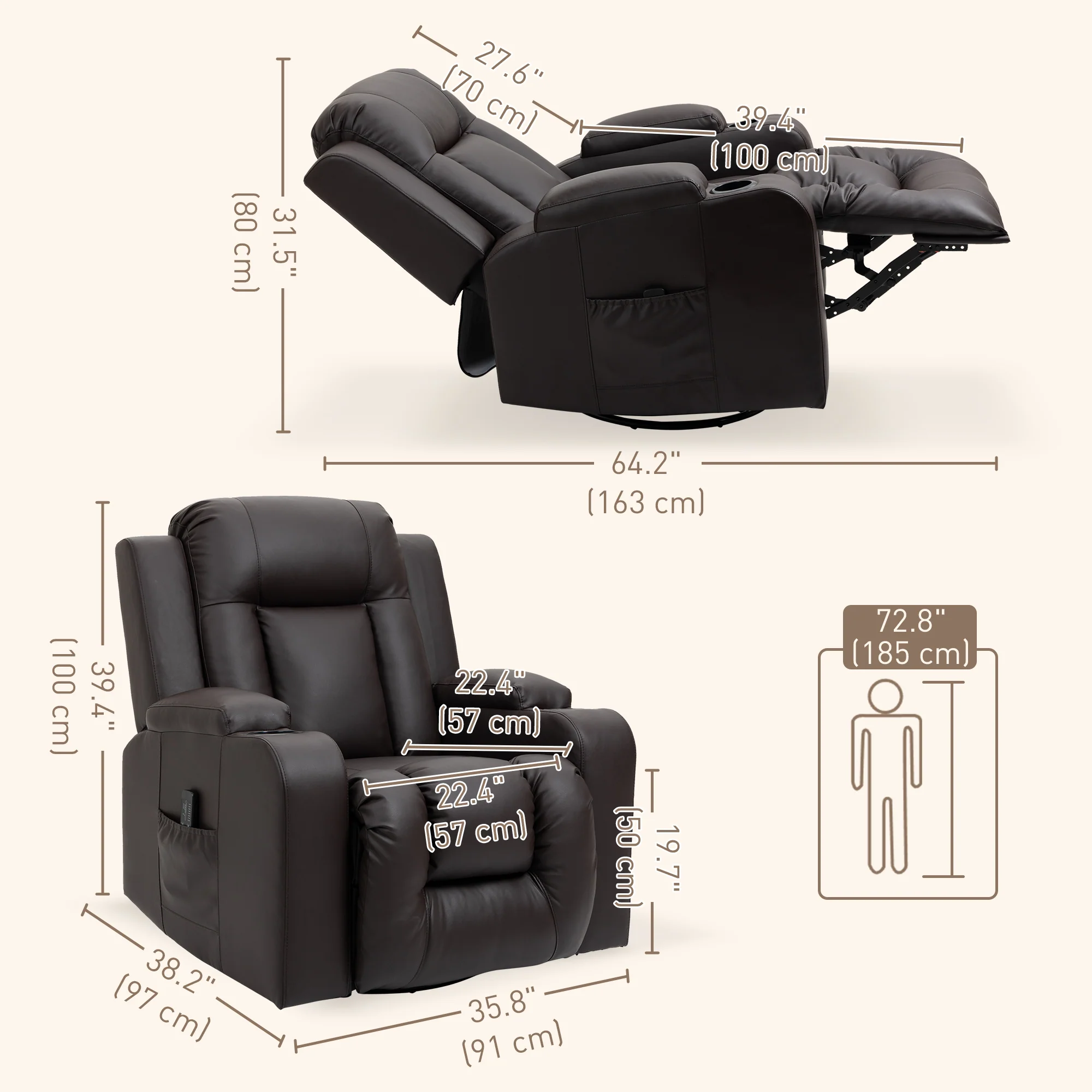 Overstuffed PU Leather Massage Swivel Recliner with Cup Holders Brown - Image 5