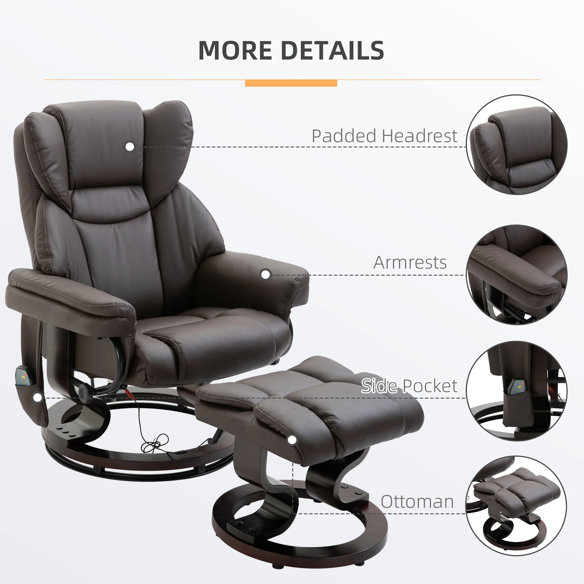 Massage Sofa Recliner Chair With Footrest 10 Vibration Points Faux Pu Leather Brown - Image 9