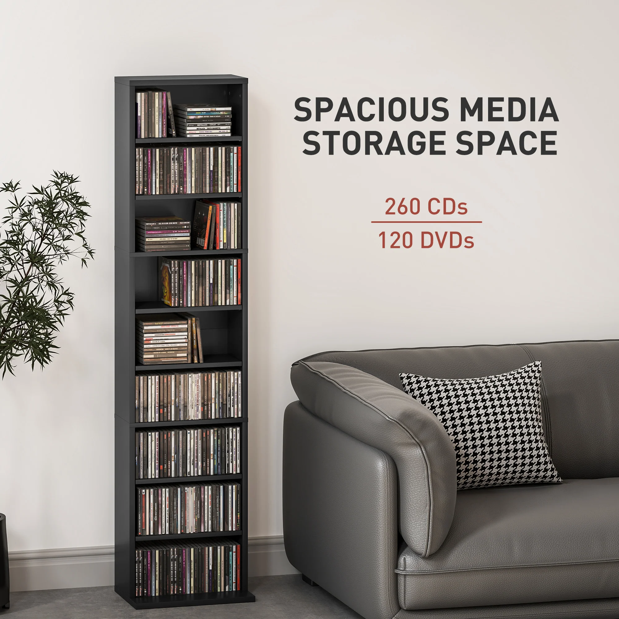 Media Storage Cabinet, 9-Tier Tall Narrow DVD Shelf with 6 Adjustable Shelves, Display Shelf, Holds 260 CDs, 120 DVDs, Black - Image 6