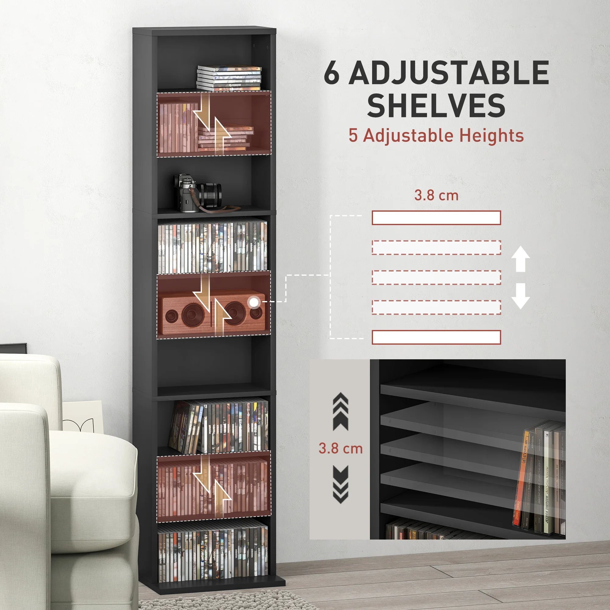 Media Storage Cabinet, 9-Tier Tall Narrow DVD Shelf with 6 Adjustable Shelves, Display Shelf, Holds 260 CDs, 120 DVDs, Black - Image 7
