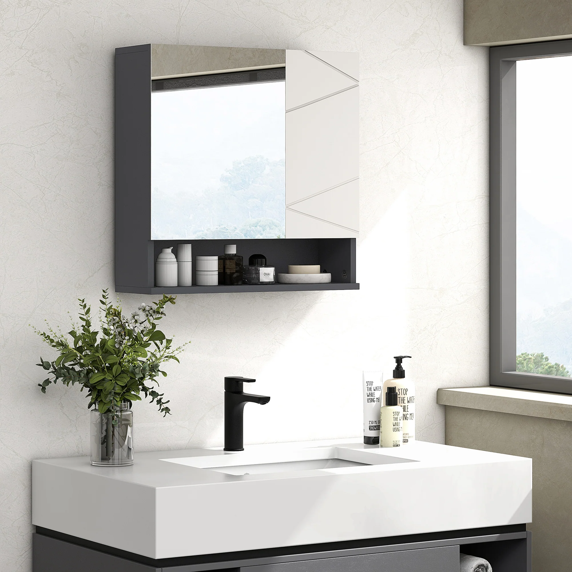 Wall Hung Bathroom Mirrored Cabinet w/ Adjustable Shelf & Soft Close Mechanism, Light Grey - Image 4