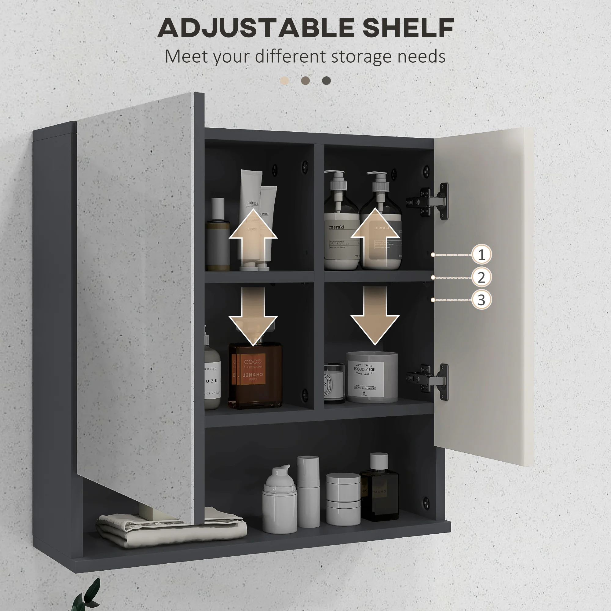 Wall Hung Bathroom Mirrored Cabinet w/ Adjustable Shelf & Soft Close Mechanism, Light Grey - Image 7