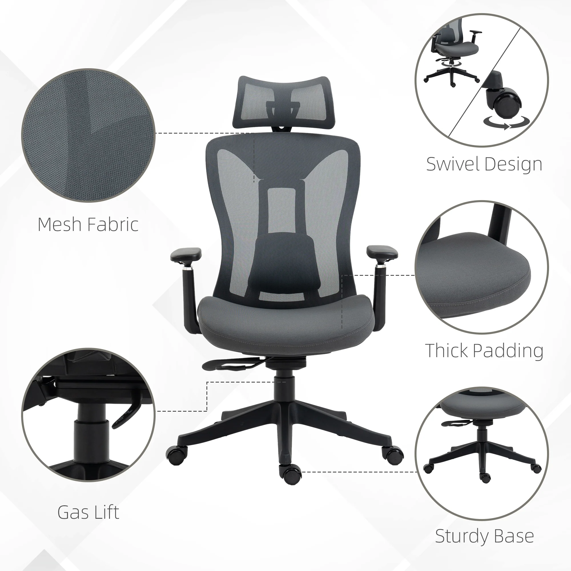Ergonomic Desk Chair, 135° Reclining Computer Chair with Headrest & Lumbar Support, Grey - Image 10