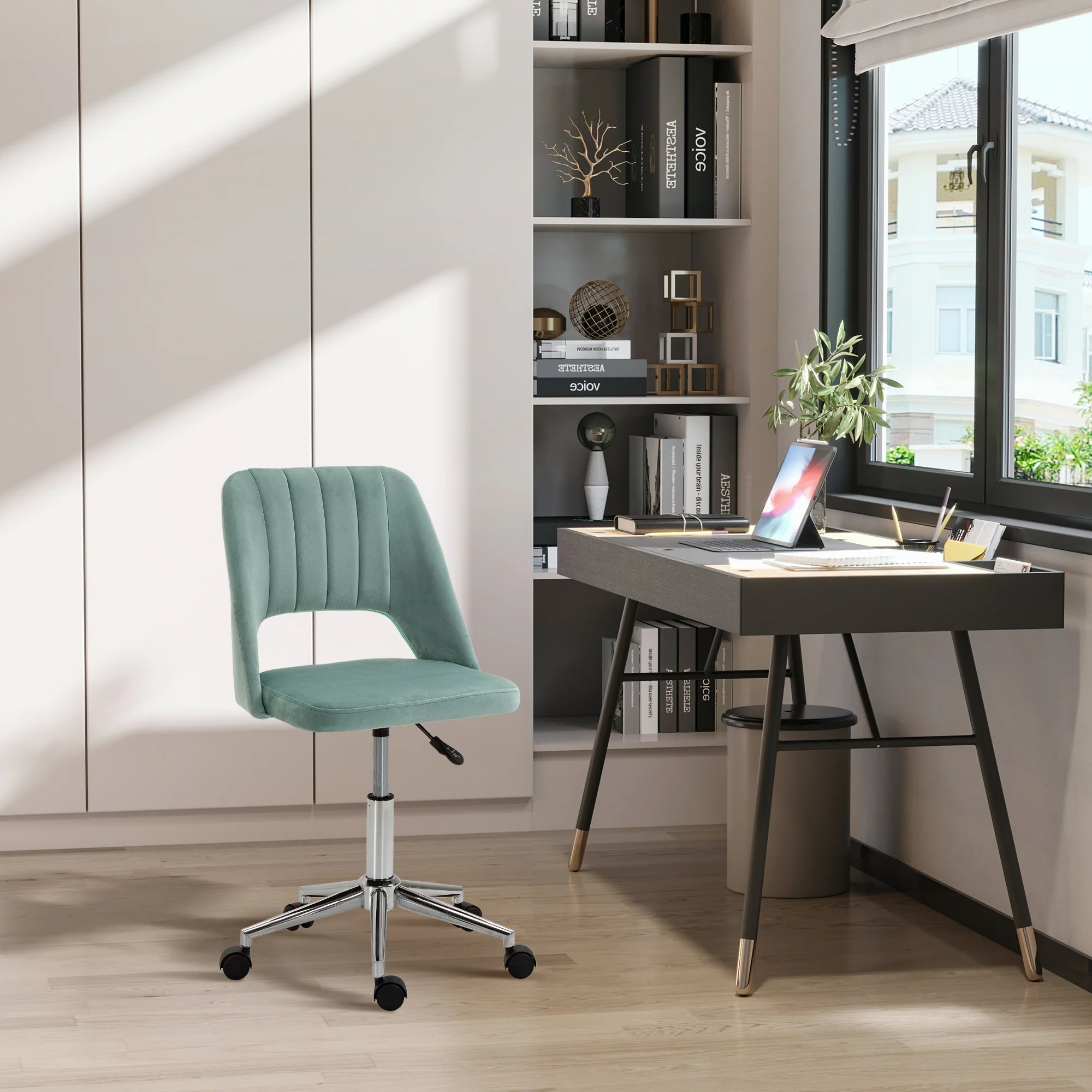 Velvet Fabric Scallop Shape Desk Chair w/Swivel Wheels for Home Study Bedroom, Green - Image 3