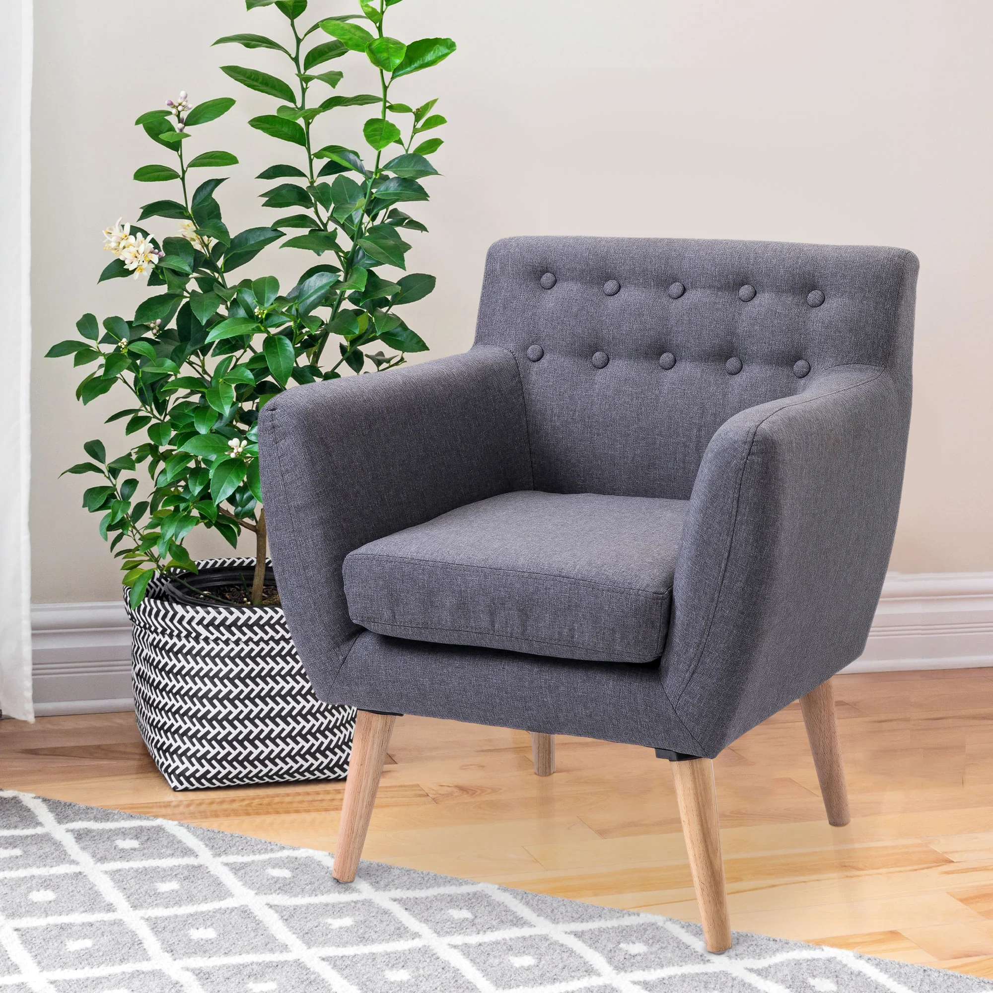 Mid-Century Linen Armchair with Wood Frame and Thick Padding, Grey - Image 4