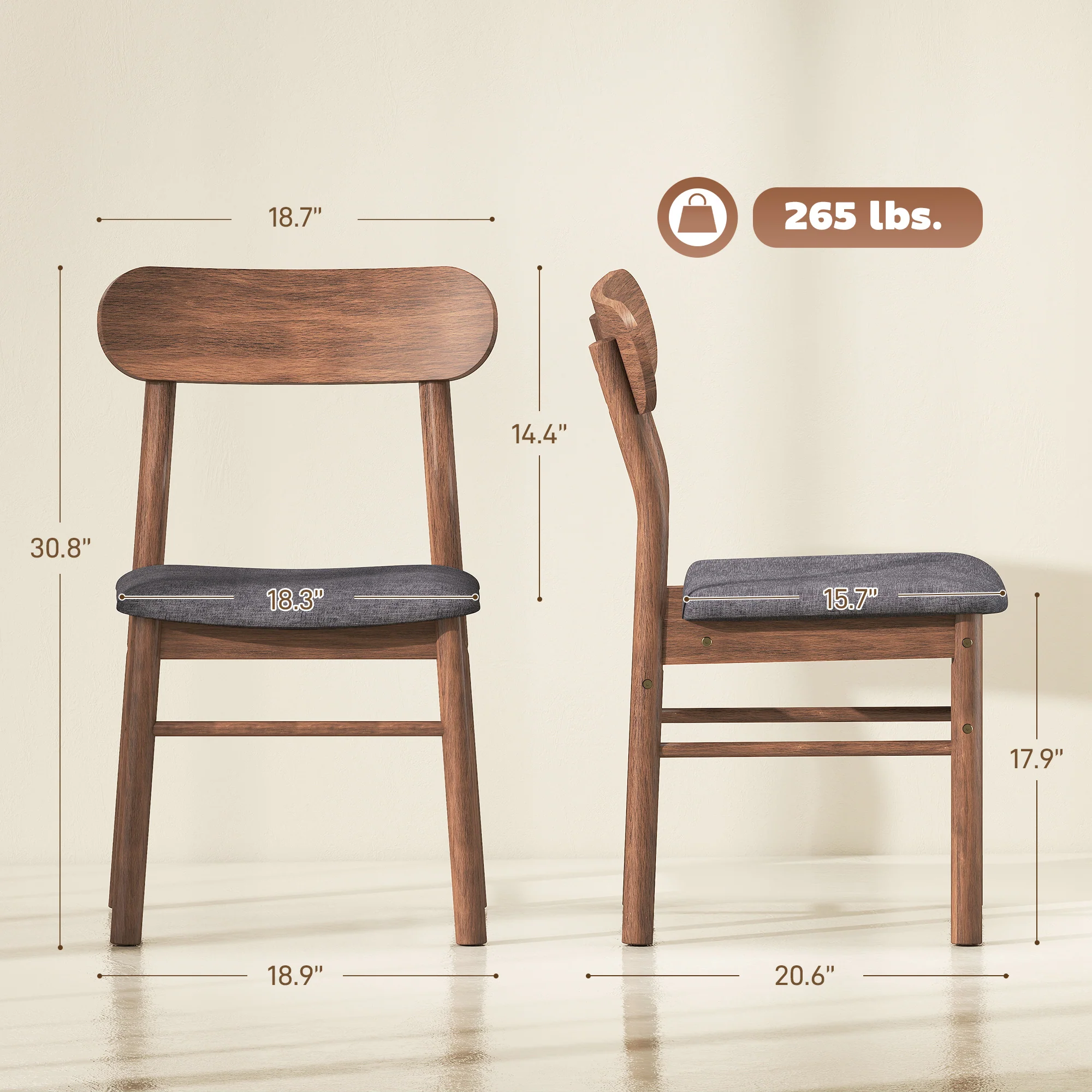Set of 2 Gray Upholstered Mid-Century Modern Dining Chairs with Curved Backrest - Image 5