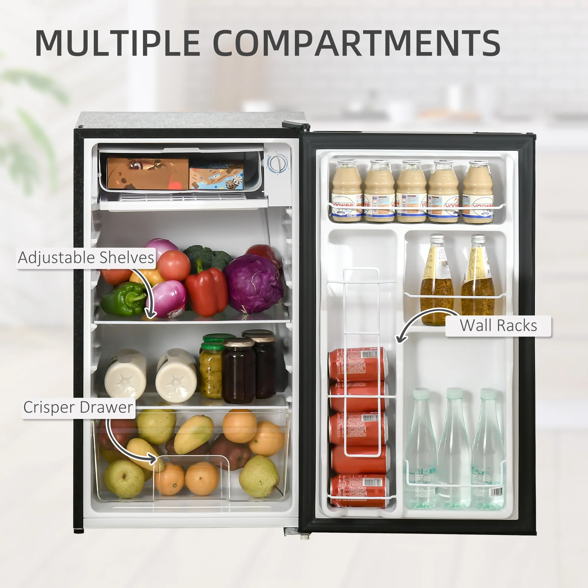 3.2 Cu. Ft. Mini Upright Fridge with Freezer, Adjustable Shelves & Mechanical Thermostat, Black - Image 7