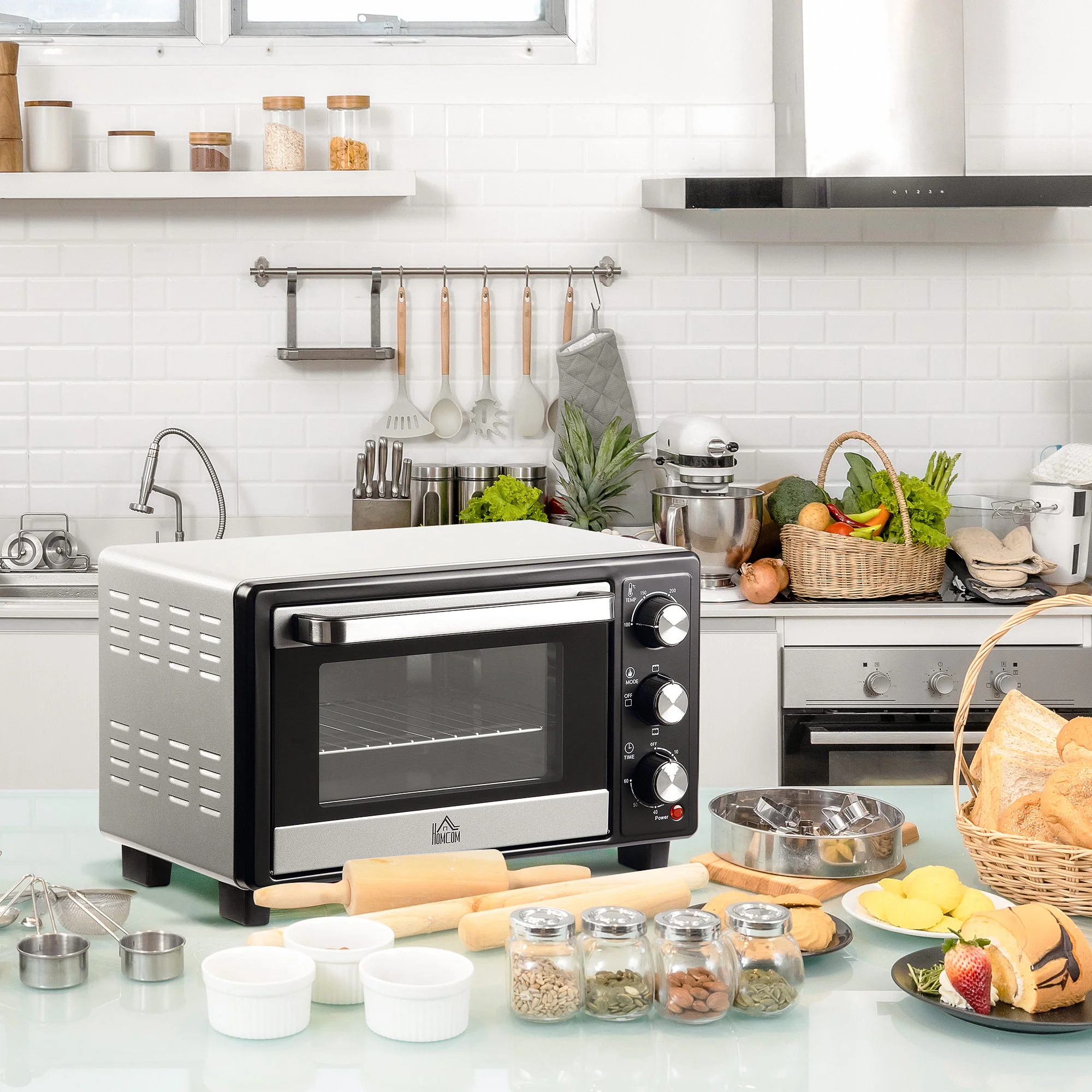Mini Oven, 16L Countertop Electric Grill with Baking Tray and Wire Rack, 1400W, Silver - Image 3