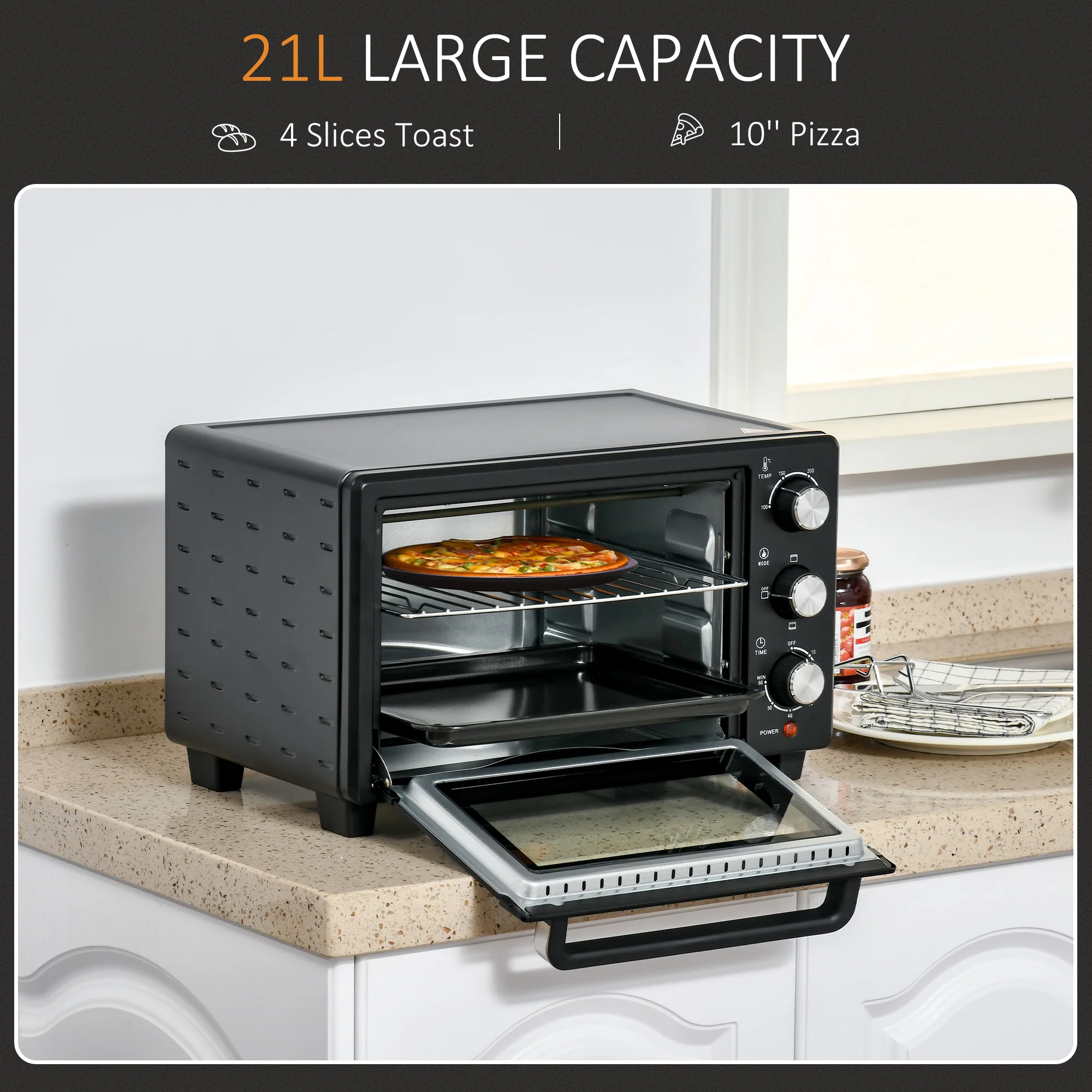 Mini Oven, 21L Countertop Electric Grill with Baking Tray and Wire Rack, 1400W, Black - Image 6