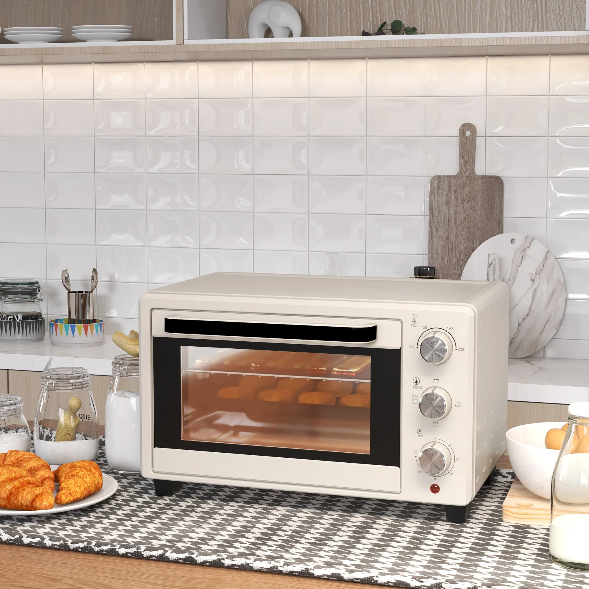 Mini Oven, 21L Countertop Electric Grill with Baking Tray and Wire Rack, 1400W, Cream - Image 3