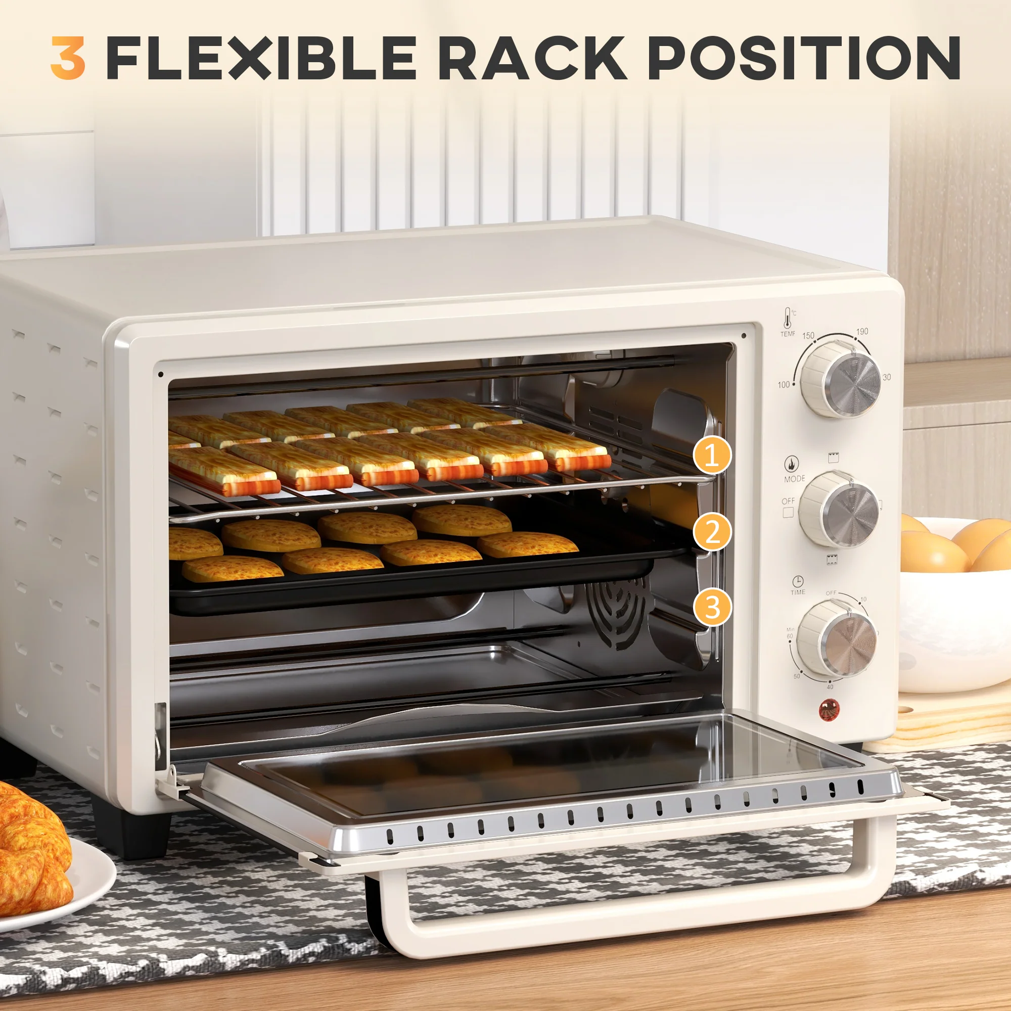 Mini Oven, 21L Countertop Electric Grill with Baking Tray and Wire Rack, 1400W, Cream - Image 7
