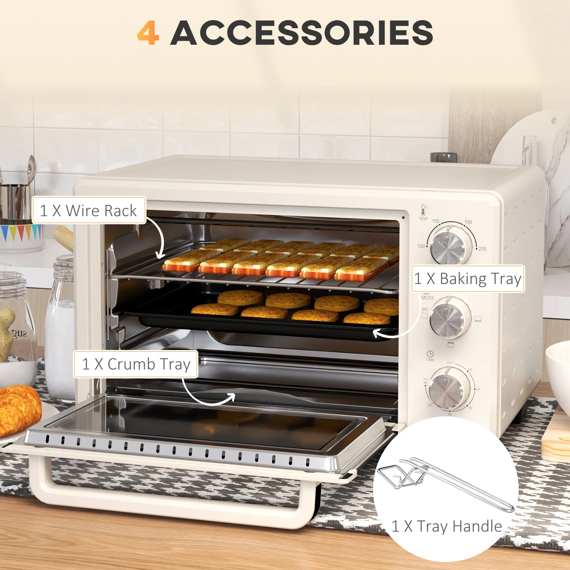 Mini Oven, 21L Countertop Electric Grill with Baking Tray and Wire Rack, 1400W, Cream - Image 8