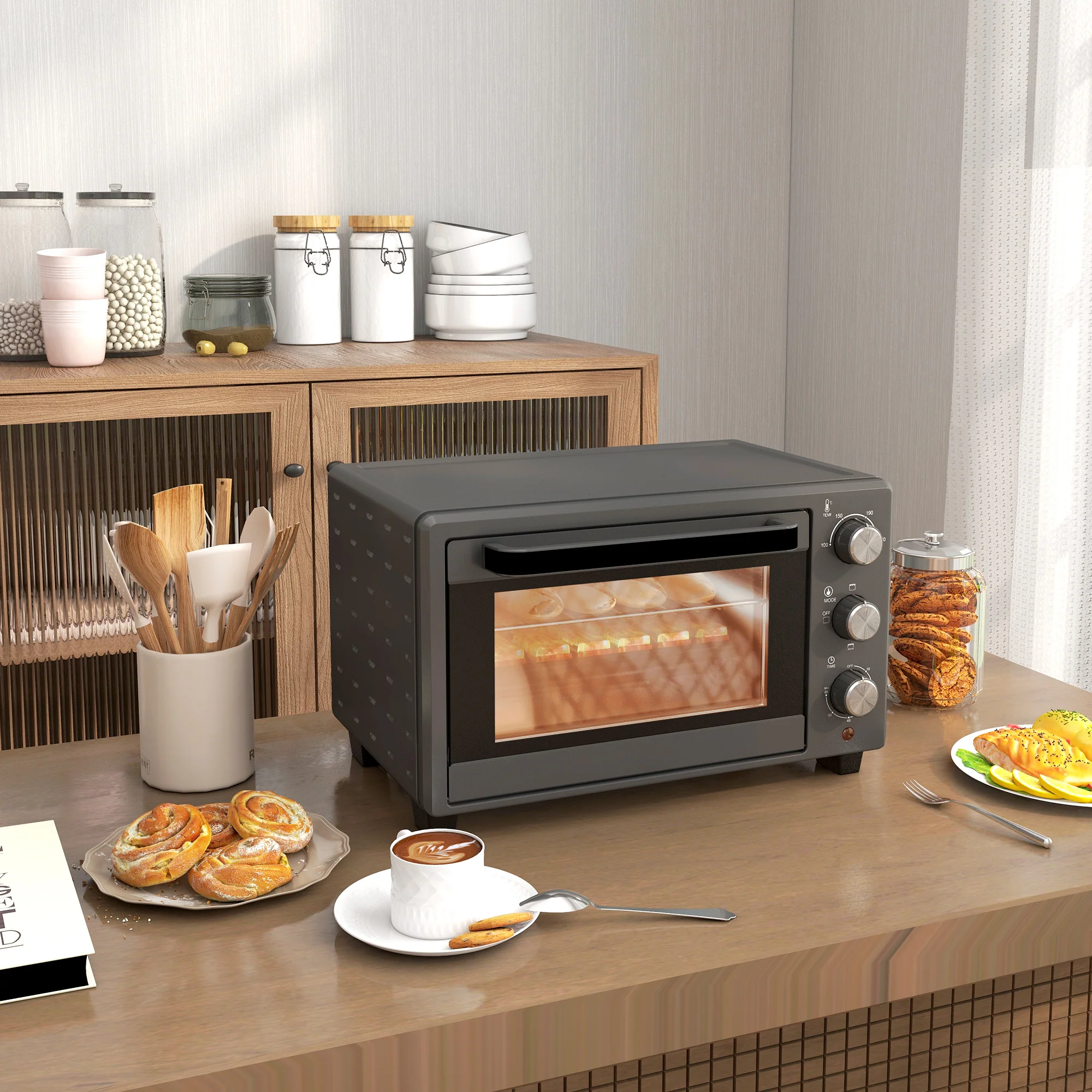 Mini Oven, 21L Countertop Electric Grill with Baking Tray and Wire Rack, 1400W, Grey - Image 3