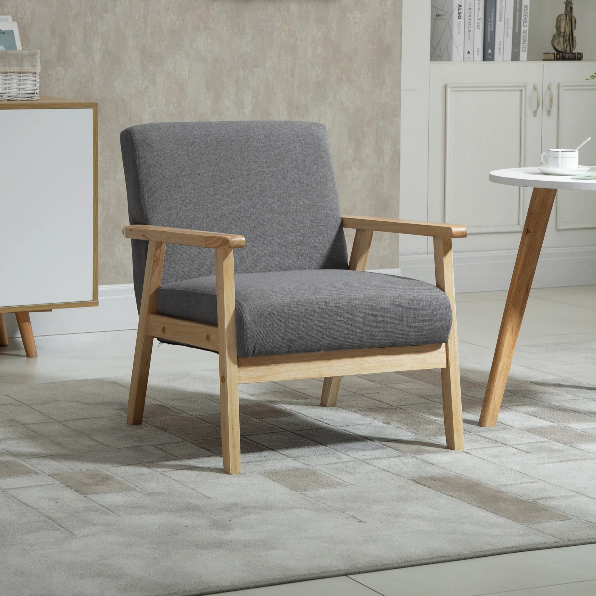 Minimalistic Linen Armchair with Wood Frame & Thick Linen Cushions, Grey - Image 3