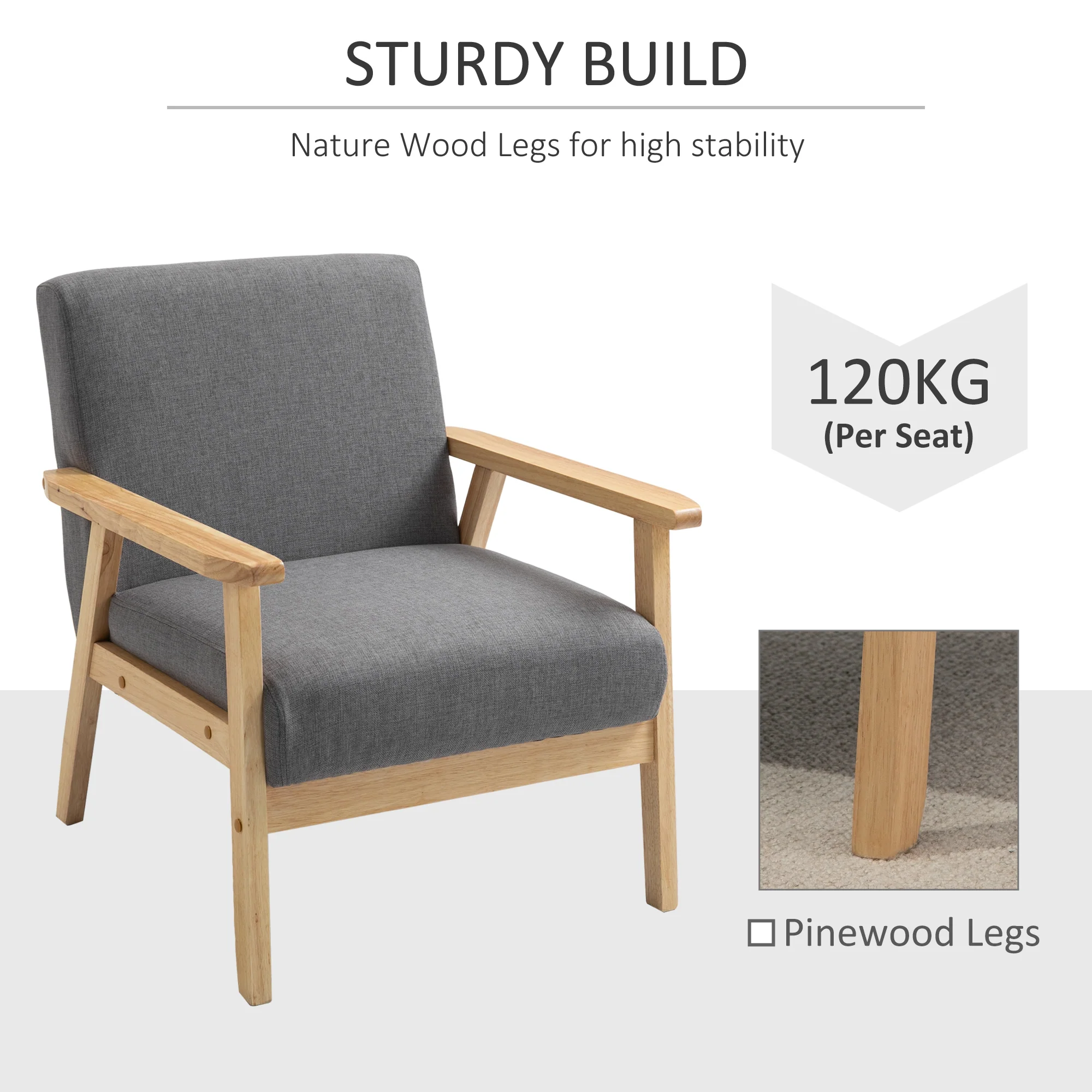 Minimalistic Linen Armchair with Wood Frame & Thick Linen Cushions, Grey - Image 7