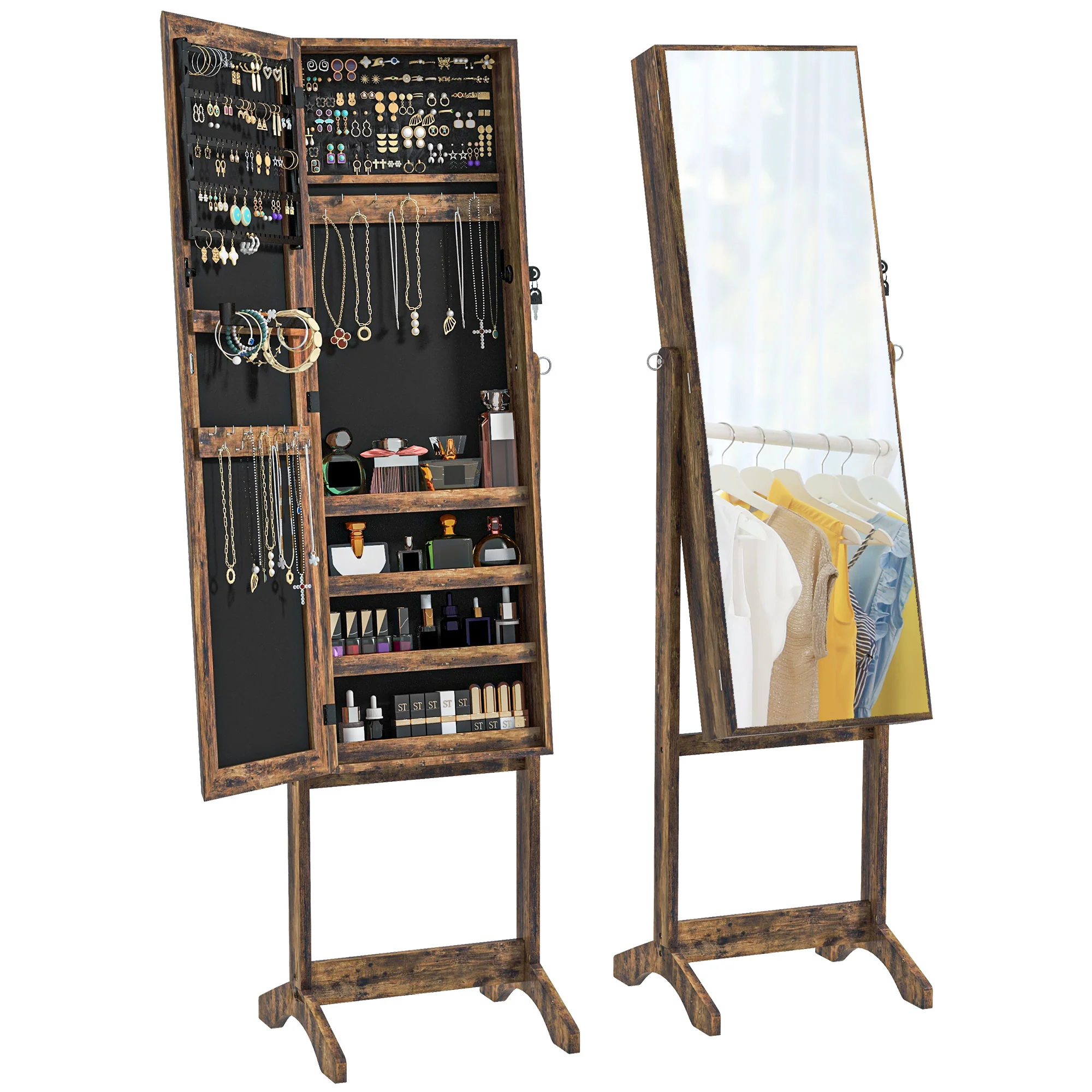 Standing Jewelry Organizer, Lockable Mirrorred Cabinet w/ 3 Adjustable Angles, Rustic Brown - Image 2