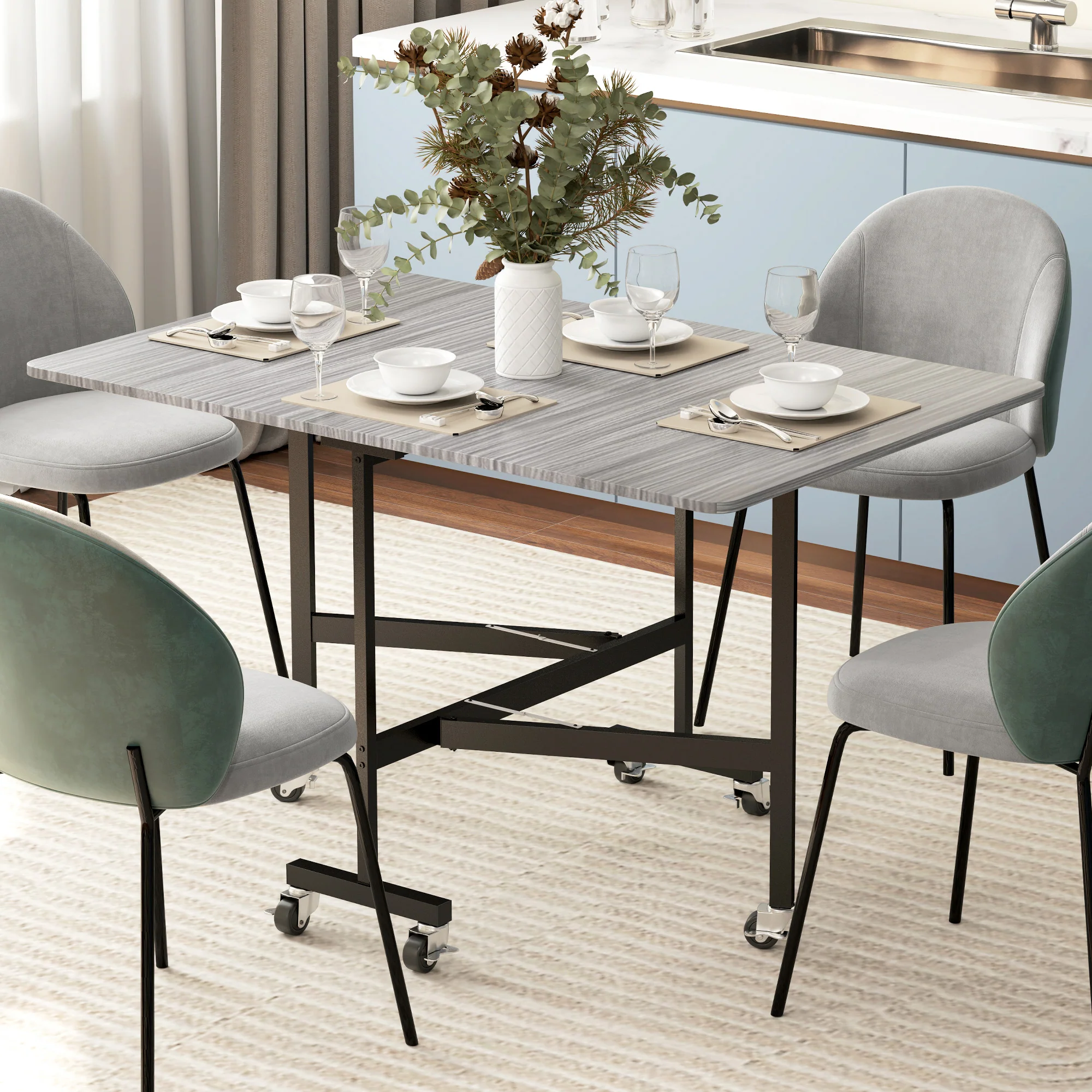 Mobile Drop Leaf Table, Folding Dining Table with 6 Wheels & Brakes, Grey - Image 4