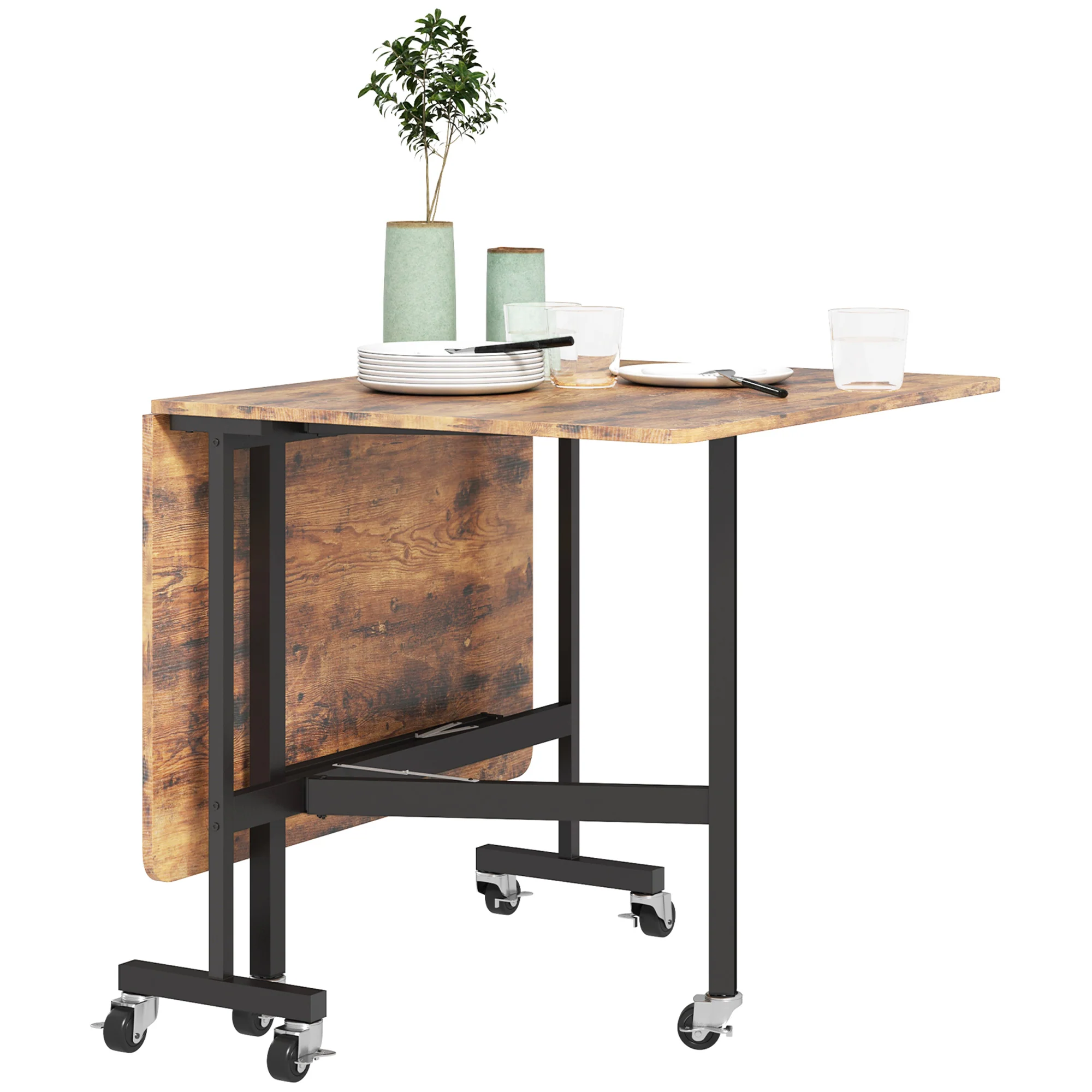 Mobile Drop Leaf Table, Folding Dining Table with 6 Wheels & Brakes, Rustic Brown - Image 2