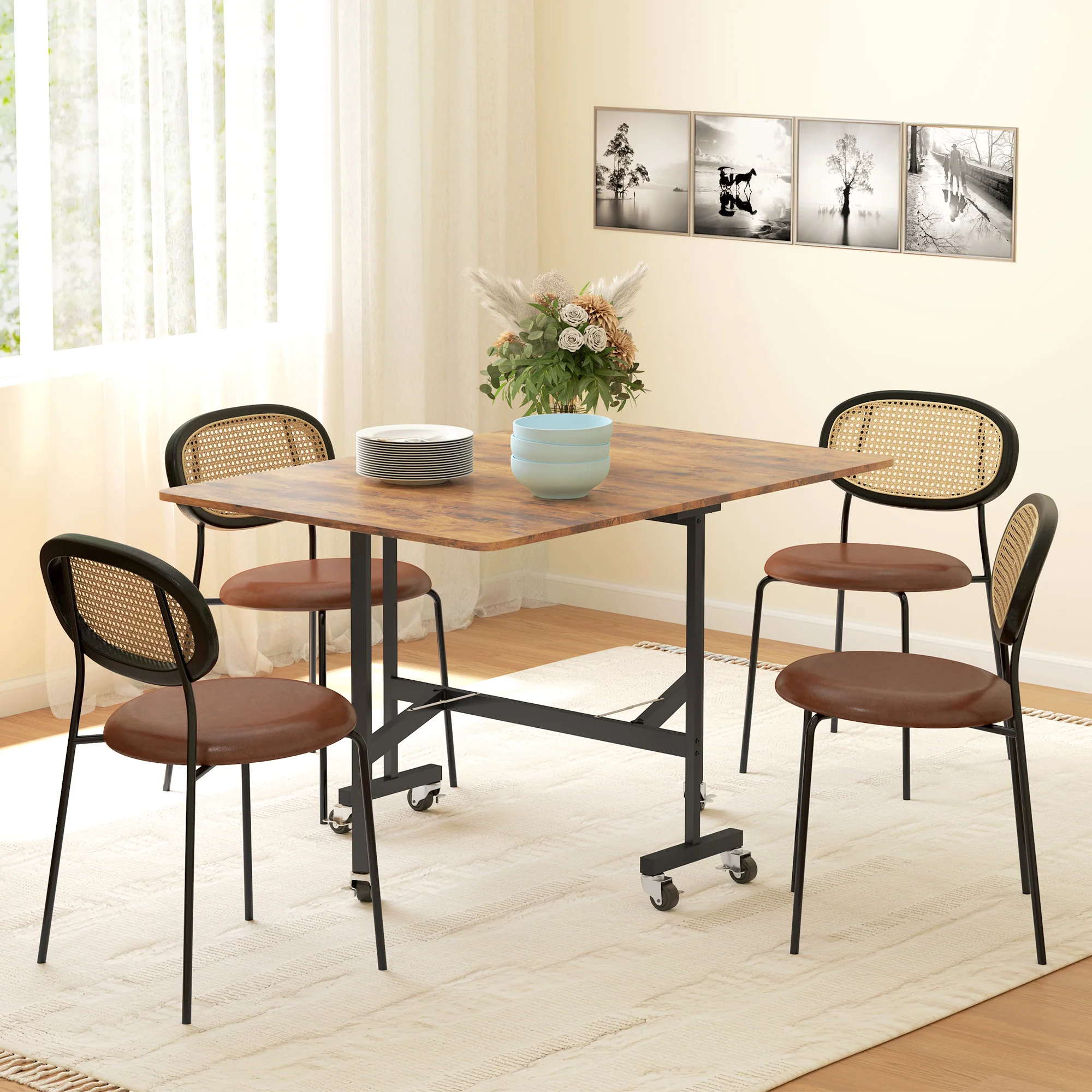 Mobile Drop Leaf Table, Folding Dining Table with 6 Wheels & Brakes, Rustic Brown - Image 3
