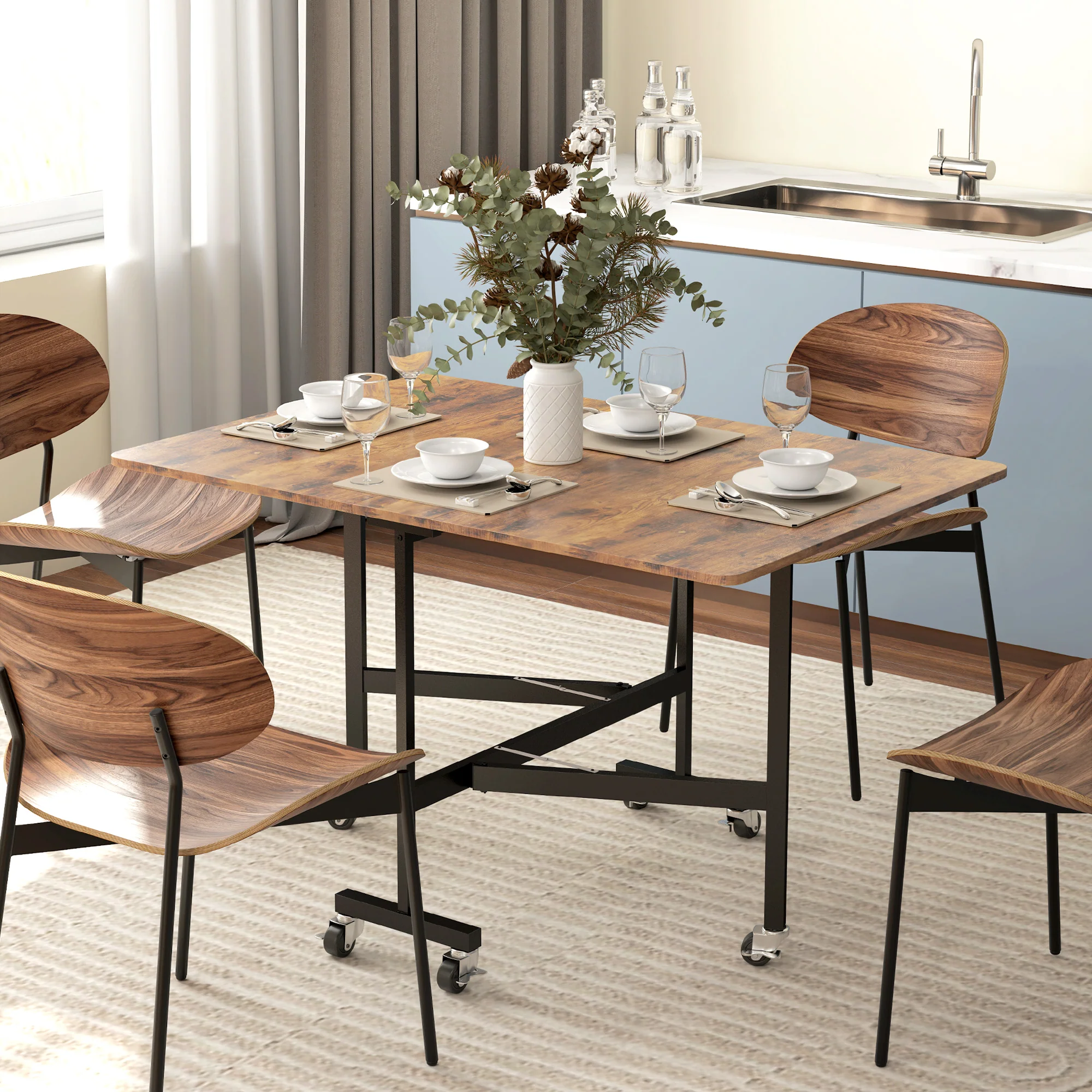 Mobile Drop Leaf Table, Folding Dining Table with 6 Wheels & Brakes, Rustic Brown - Image 4