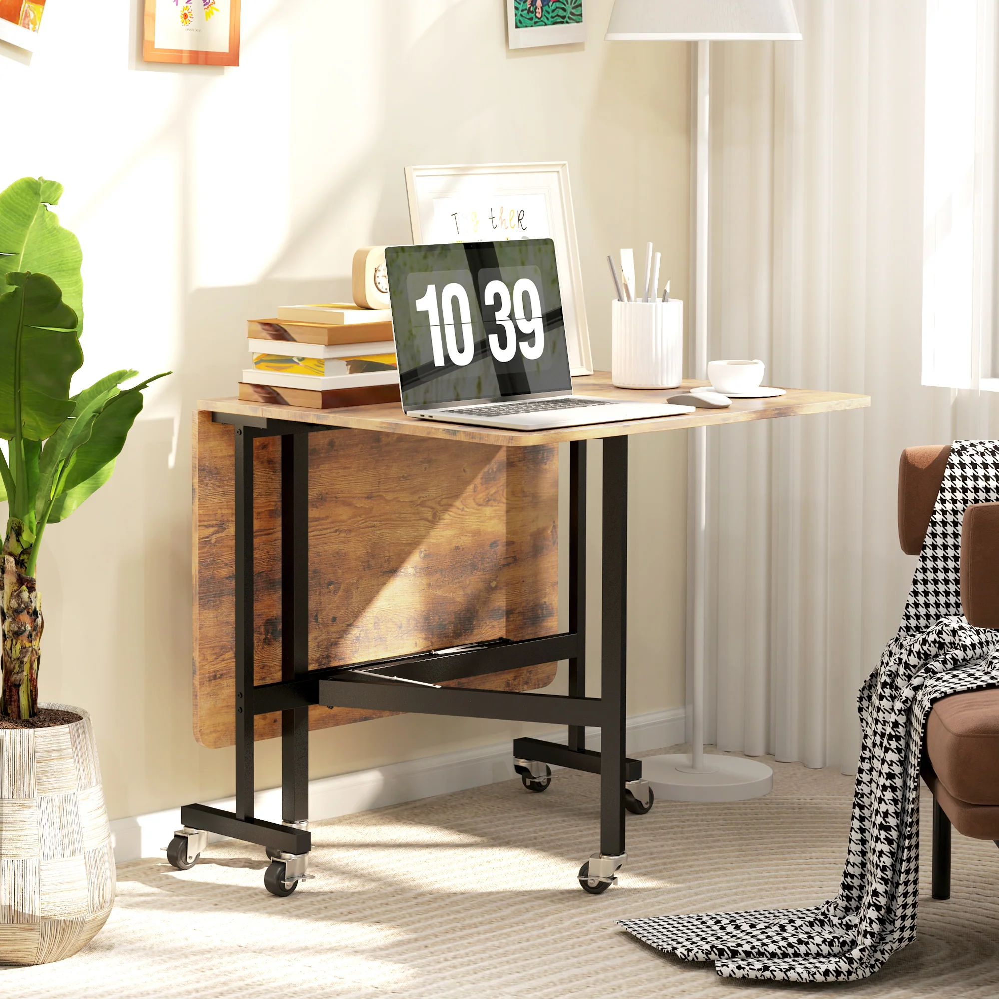 Mobile Drop Leaf Table, Folding Dining Table with 6 Wheels & Brakes, Rustic Brown - Image 9